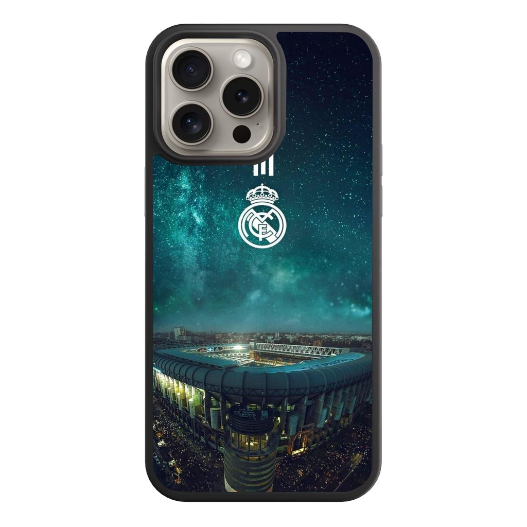 Real Madrid CF Phone Case For iPhone Samsung Galaxy Pixel - Real Madrid CF Logo Over Santiago Bernabeu Stadium With Teal Galaxy Sky Background