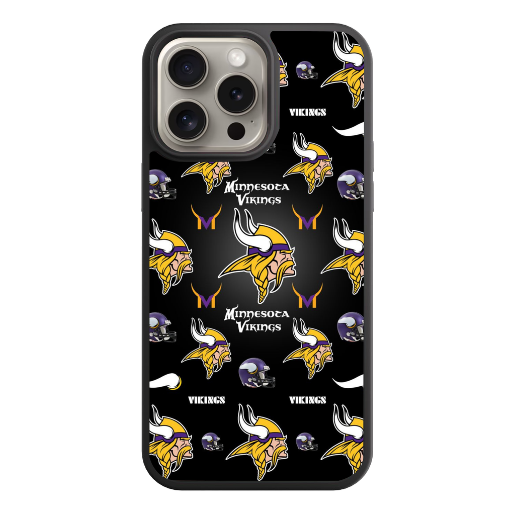 NFL Minnesota Vikings Phone Case For iPhone Samsung Galaxy Pixel - Minnesota Vikings Logos And Helmets Pattern On Black Background