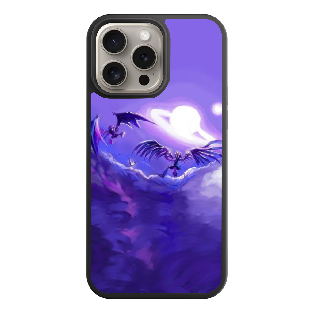 Murder Drones Phone Case For iPhone Samsung Galaxy Pixel - N And Uzi Flying Under The Purple Sky On Cloud Background