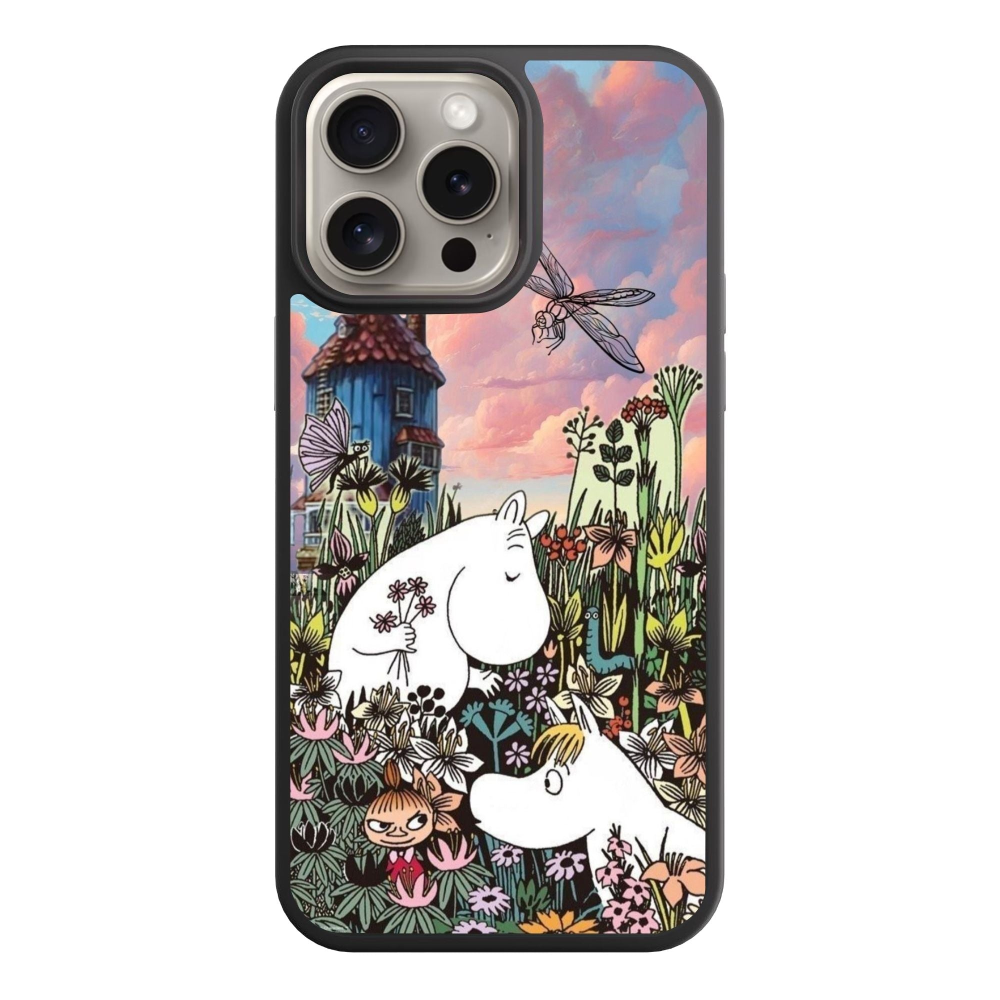 Moomins Phone Case For iPhone Samsung Galaxy Pixel - Moomin Characters In The Flower Garden Under Twilight Sky