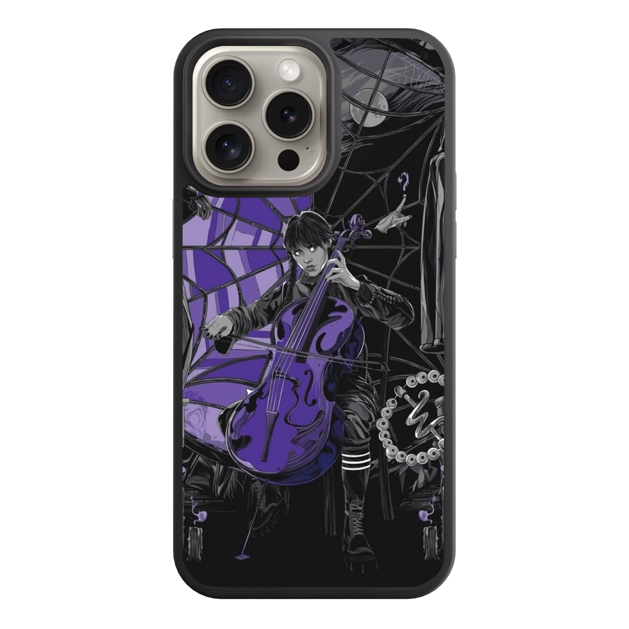 Wednesday Phone Case For iPhone Samsung Galaxy Pixel - Wednesday Addams Playing Purple Cello In Front Of Spiderweb Window Poster