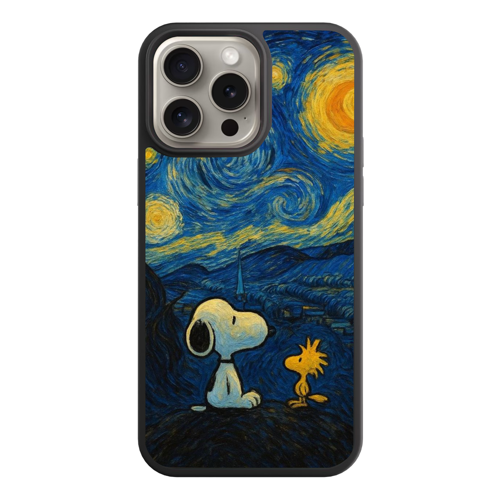 Peanuts Snoopy Phone Case For iPhone Samsung Galaxy Pixel - Peanuts Snoopy And Woodstock Looking Up At Starry Night Painting Background