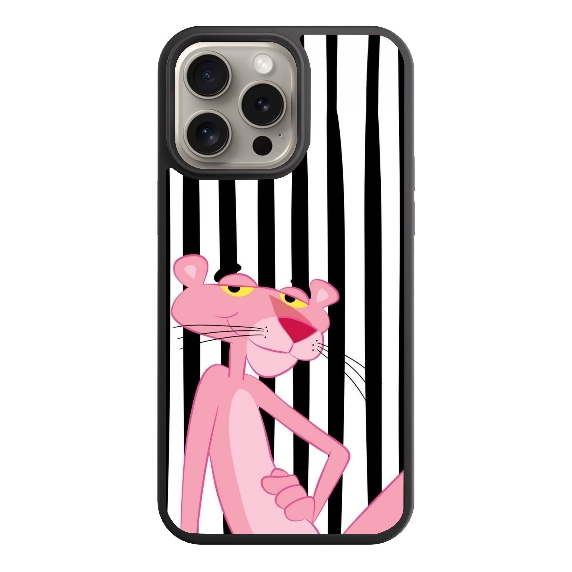 Pink Panther Phone Case For iPhone Samsung Galaxy Pixel - Pink Panther In Black And White Vertical Stripes Background