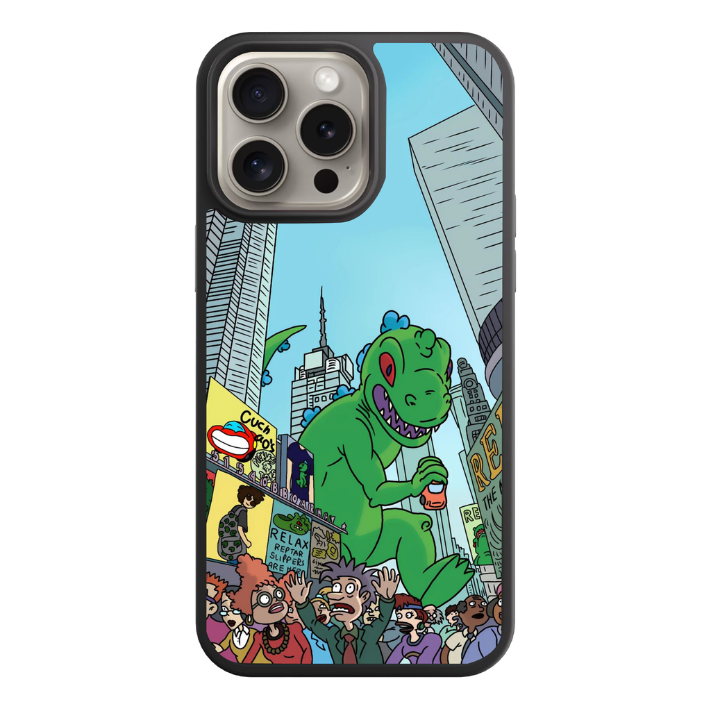Rugrats Reptar Phone Case For iPhone Samsung Galaxy Pixel - Reptar Towering Over A Crowded City Street Background
