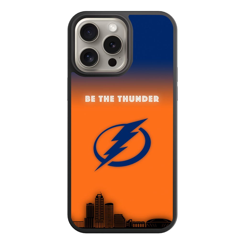 NHL Tampa Bay Lightning Phone Case For iPhone Samsung Galaxy Pixel - Tampa Bay Lightning Logo And Be The Thunder Slogan On Blue And Orange Skyline Background