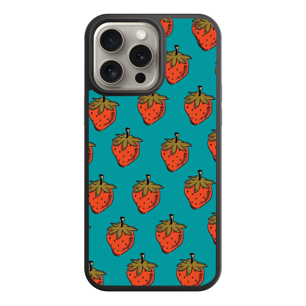 Strawberry Pattern Phone Case For iPhone Samsung Galaxy Pixel - Graphic Strawberry Pattern In Teal Background