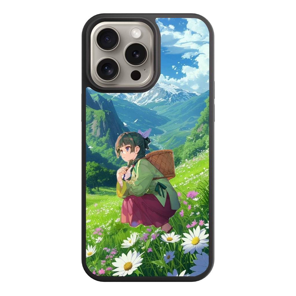 The Apothecary Diaries Maomao Phone Case For iPhone Samsung Galaxy Pixel - Maomao Squatting In A Flower Field With A Basket On A Mountain Background