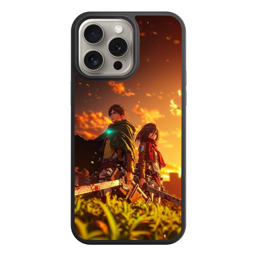 Attack on Titan Phone Case For iPhone Samsung Galaxy Pixel - Eren Yeager And Mikasa Ackerman Under Golden Sunset Sky Background