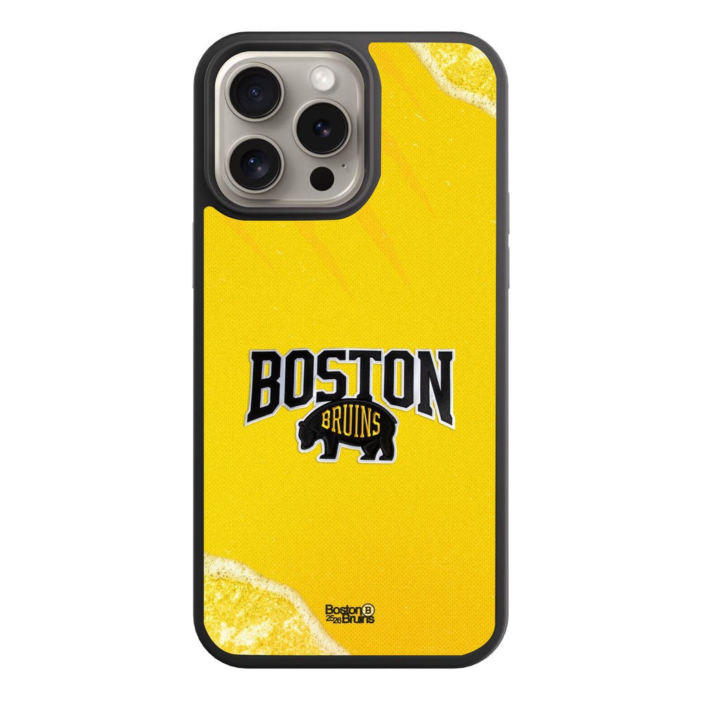 NHL Boston Bruins Phone Case For iPhone Samsung Galaxy Pixel - Boston Bruins Bear Logo And Wordmark On Yellow Mesh Texture Background