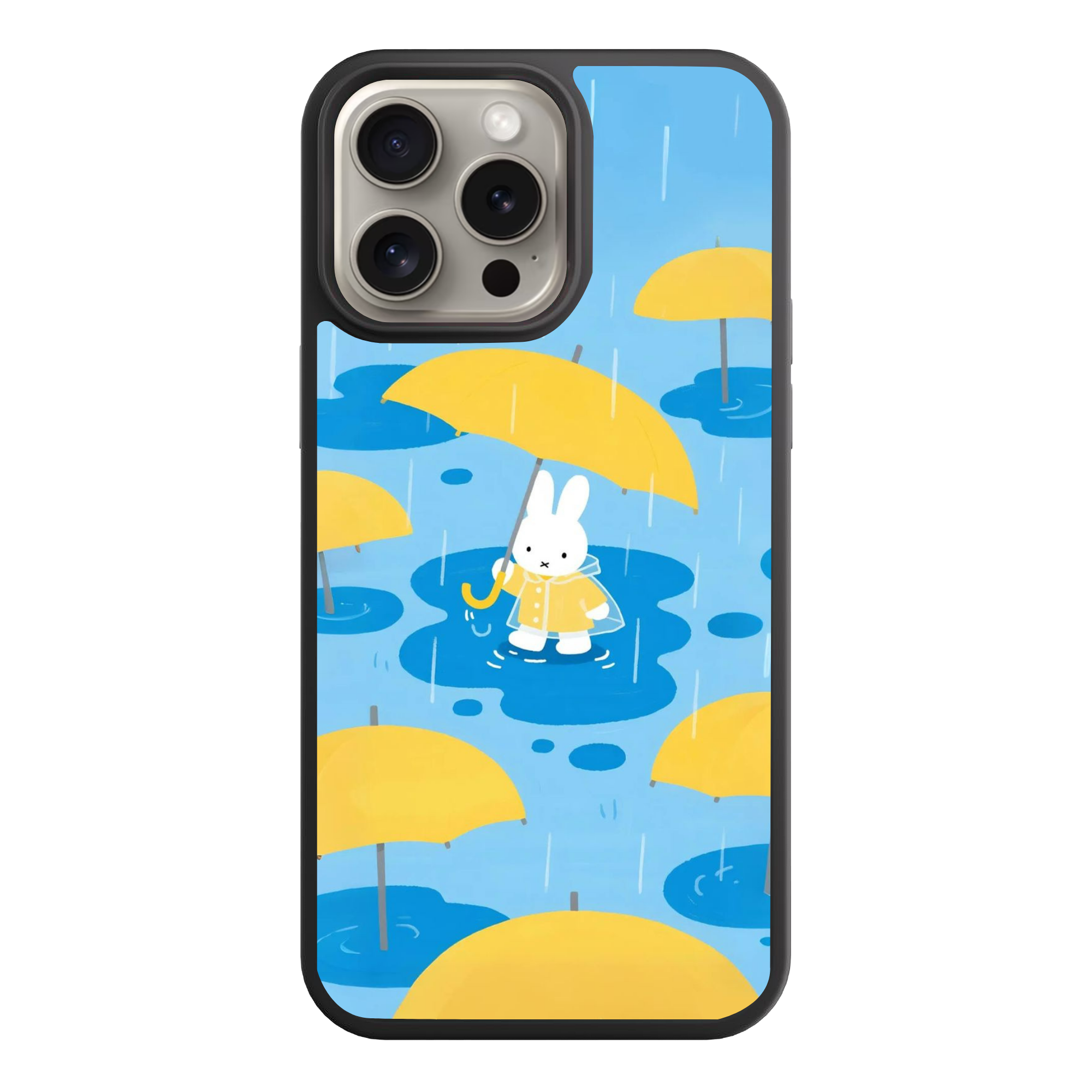 Miffy Phone Case For iPhone Samsung Galaxy Pixel - Miffy In Raincoat With Yellow Umbrellas In Light Blue Background