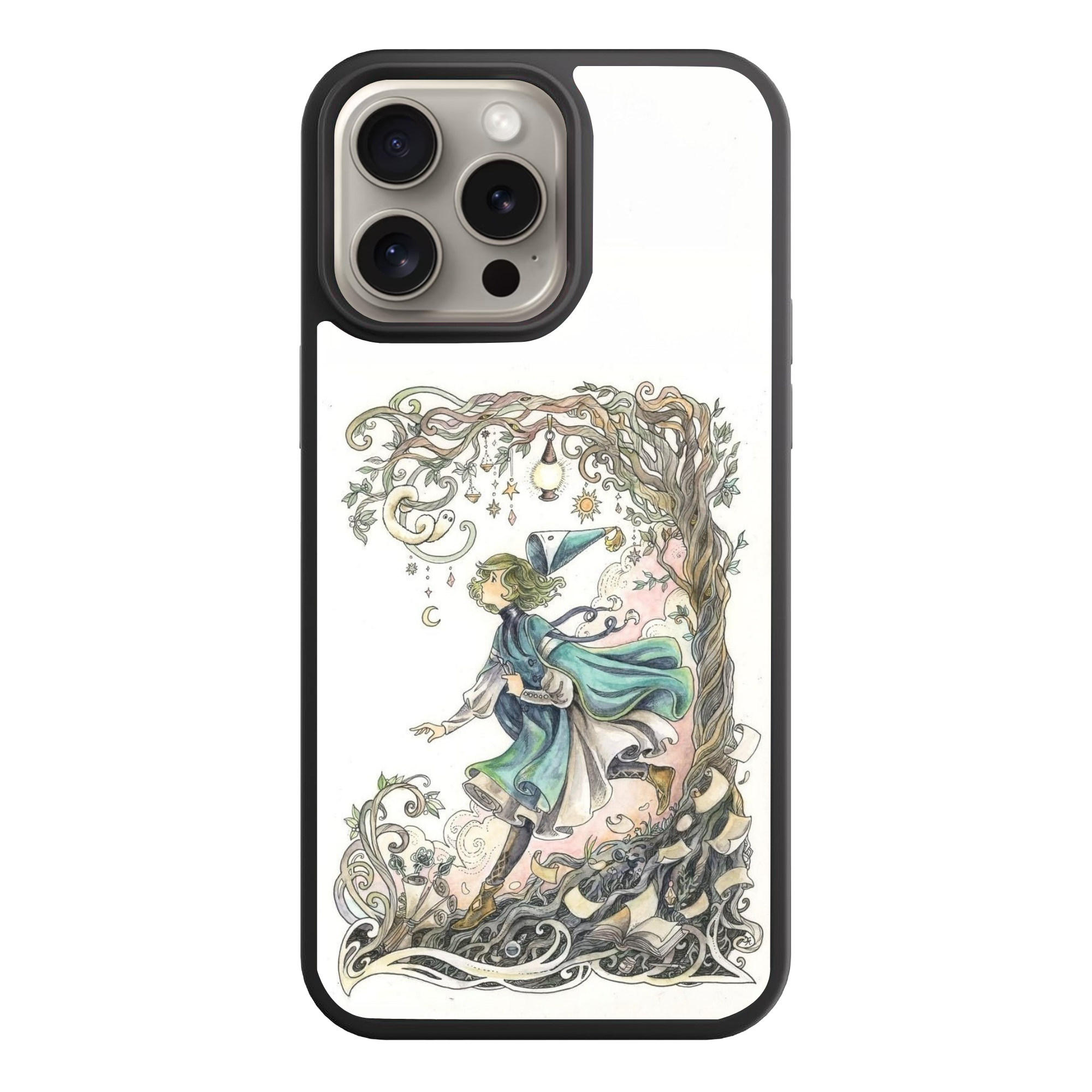 Witch Hat Atelier Coco Phone Case For iPhone Samsung Galaxy Pixel - Coco Leaping Beneath Swirling Tree Branches On White Background