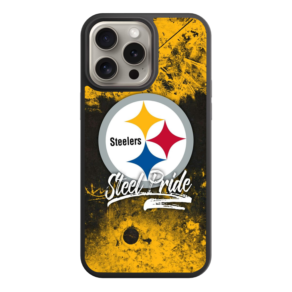 NFL Pittsburgh Steelers Phone Case For iPhone Samsung Galaxy Pixel - Pittsburgh Steelers Logo And Steel Pride Wordmark On Yellow Textured Background