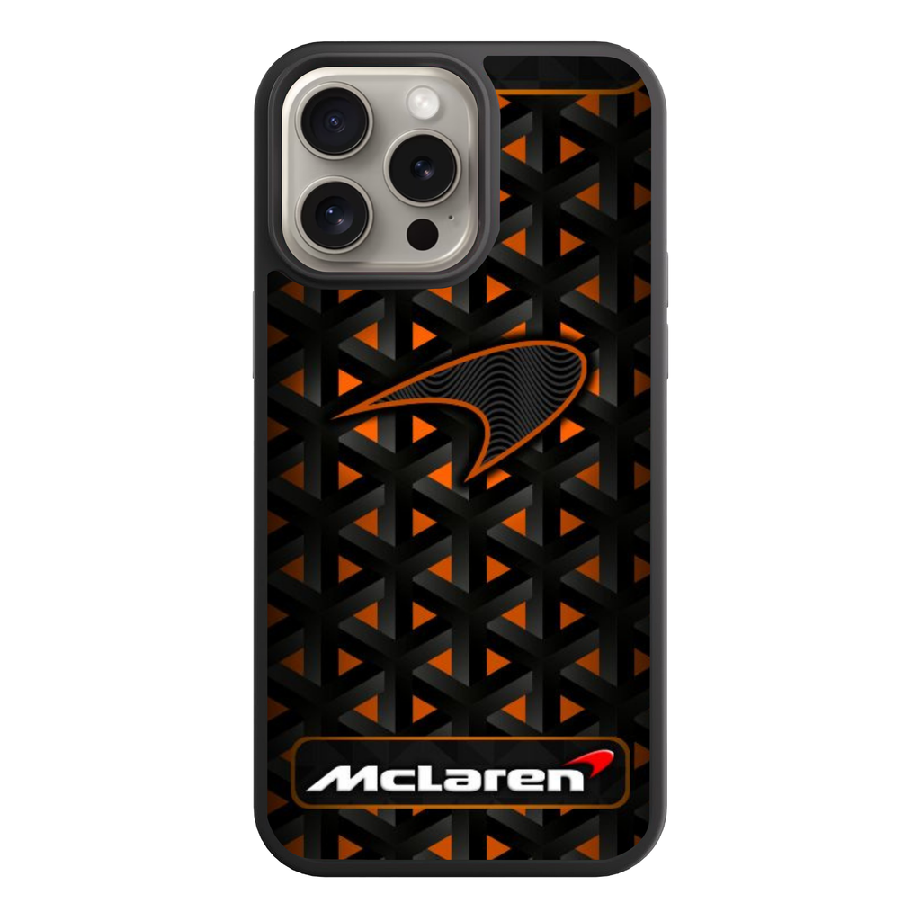 F1 Formula 1 McLaren Phone Case For iPhone Samsung Galaxy Pixel - McLaren Logo And Wordmark On Black Geometric Pattern Background