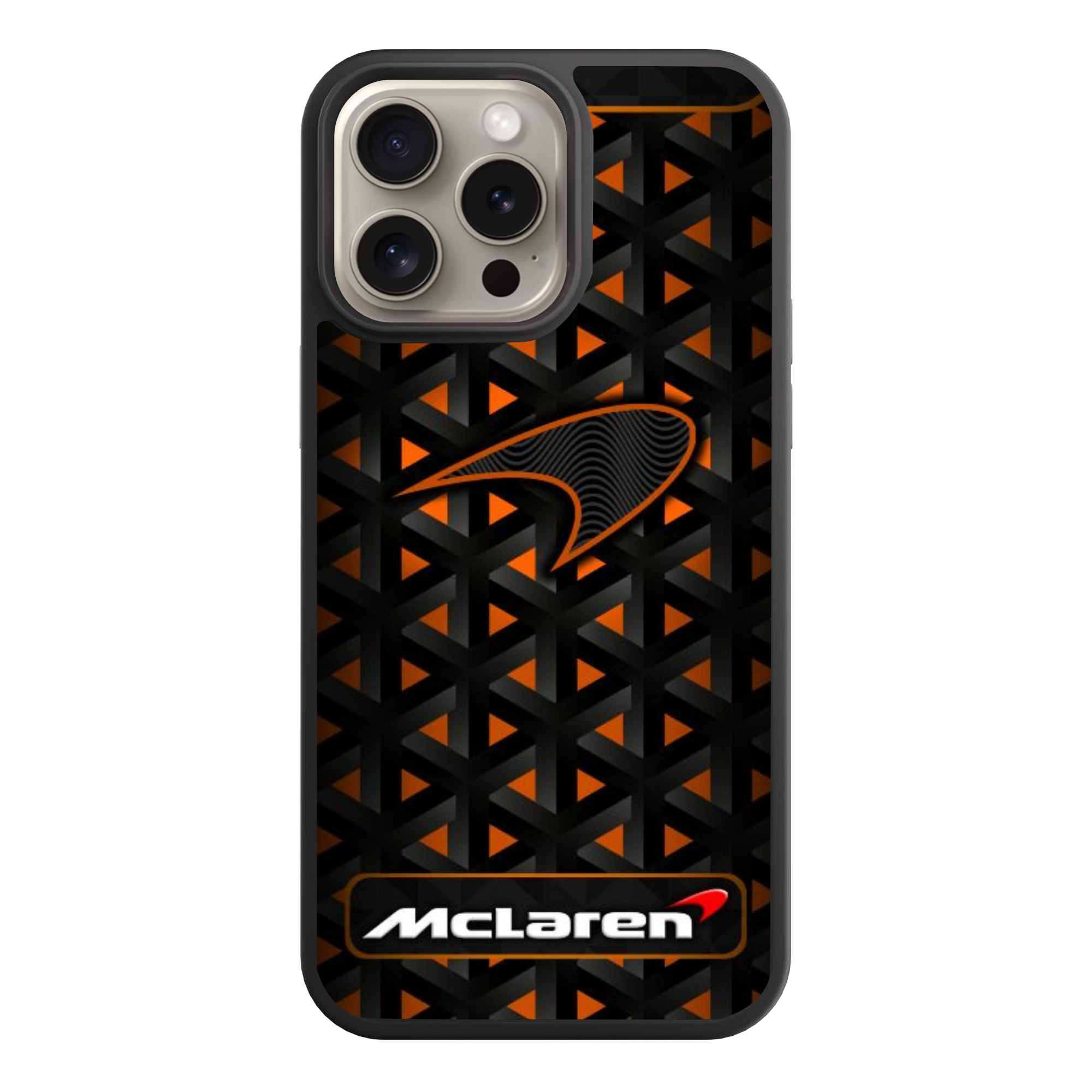 F1 Formula 1 McLaren Phone Case For iPhone Samsung Galaxy Pixel - McLaren Logo And Wordmark On Black Geometric Pattern Background