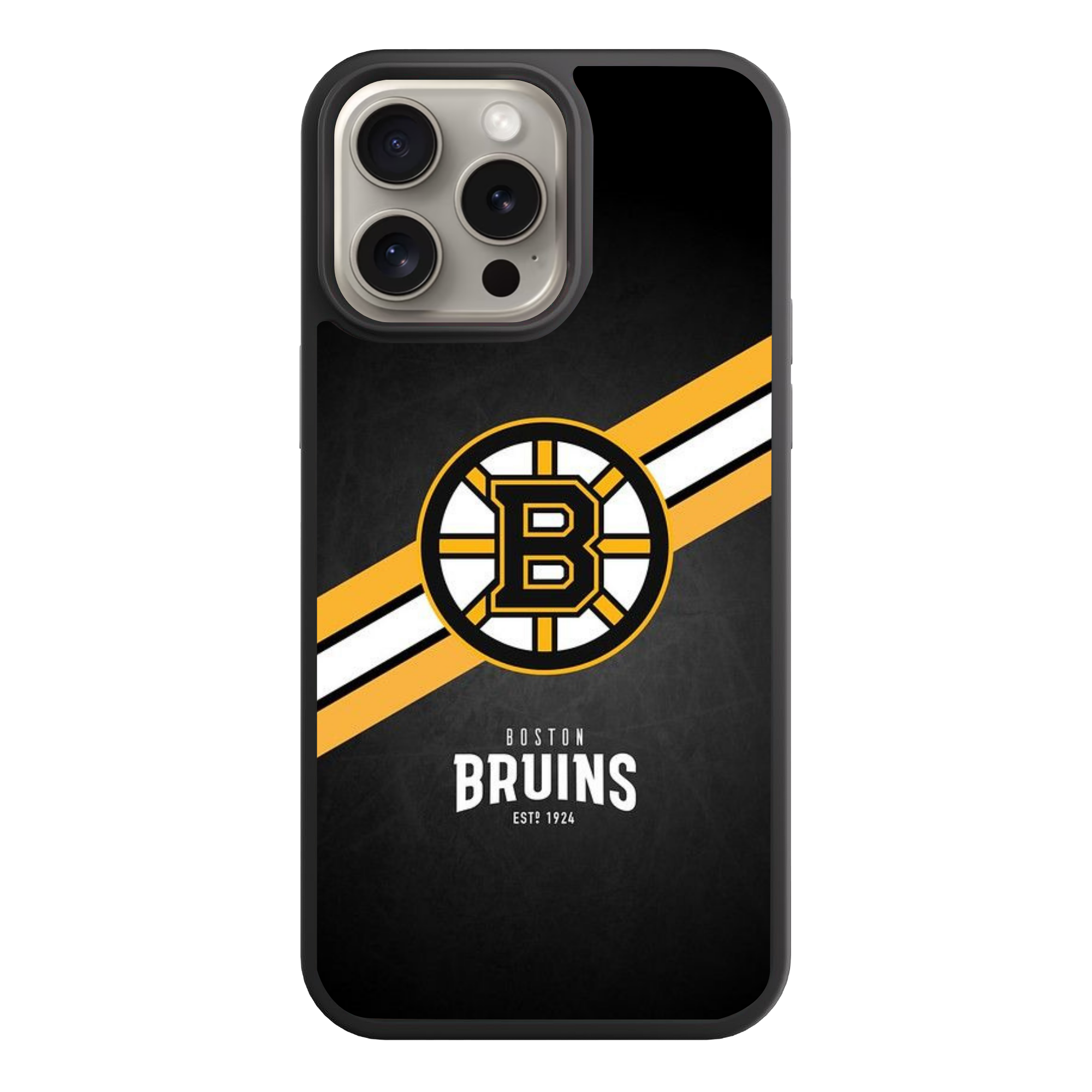 NHL Boston Bruins Phone Case For iPhone Samsung Galaxy Pixel - Boston Bruins Logo And Diagonal Stripes On Textured Black Background