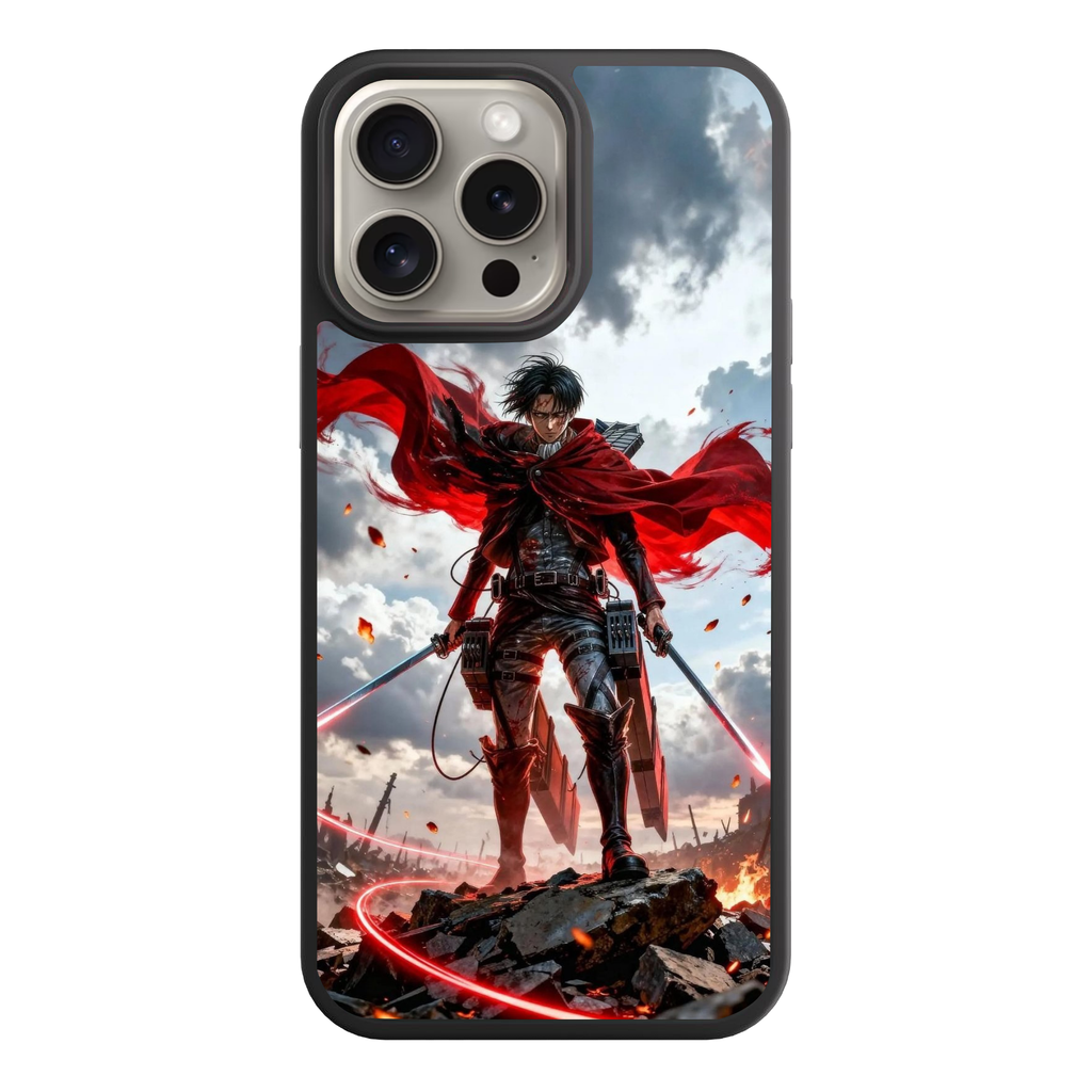 Attack on Titan Levi Phone Case For iPhone Samsung Galaxy Pixel - Levi Ackerman Standing With Glowing Red Swords On Battlefield Under Stormy Sky Background