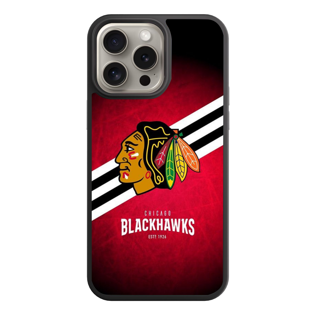 NHL Chicago Blackhawks Phone Case For iPhone Samsung Galaxy Pixel - Chicago Blackhawks Logo And Diagonal Stripes On Textured Red Background