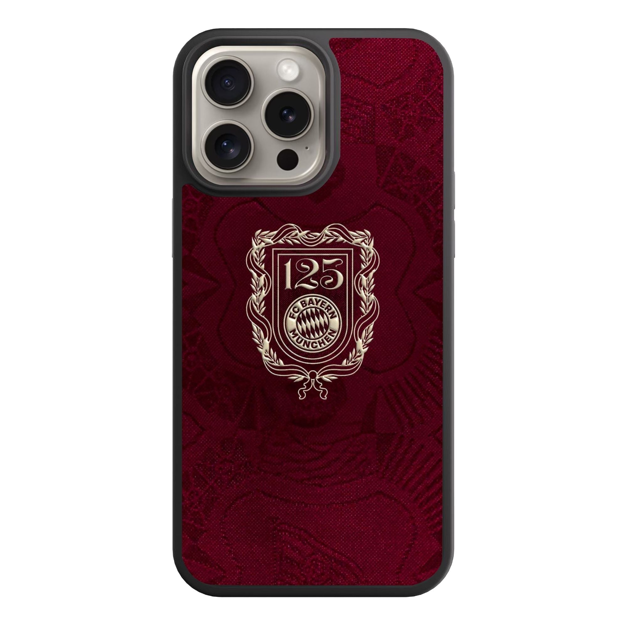 FC Bayern Munich Phone Case For iPhone Samsung Galaxy Pixel - FC Bayern Munich 125 Years Anniversary Crest On Textured Burgundy Background