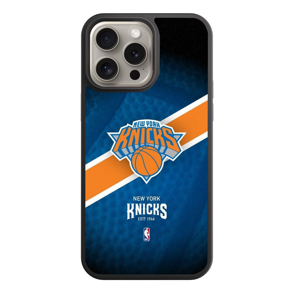 NBA New York Knicks Phone Case For iPhone Samsung Galaxy Pixel - New York Knicks Logo And Diagonal Stripe On Textured Blue Background
