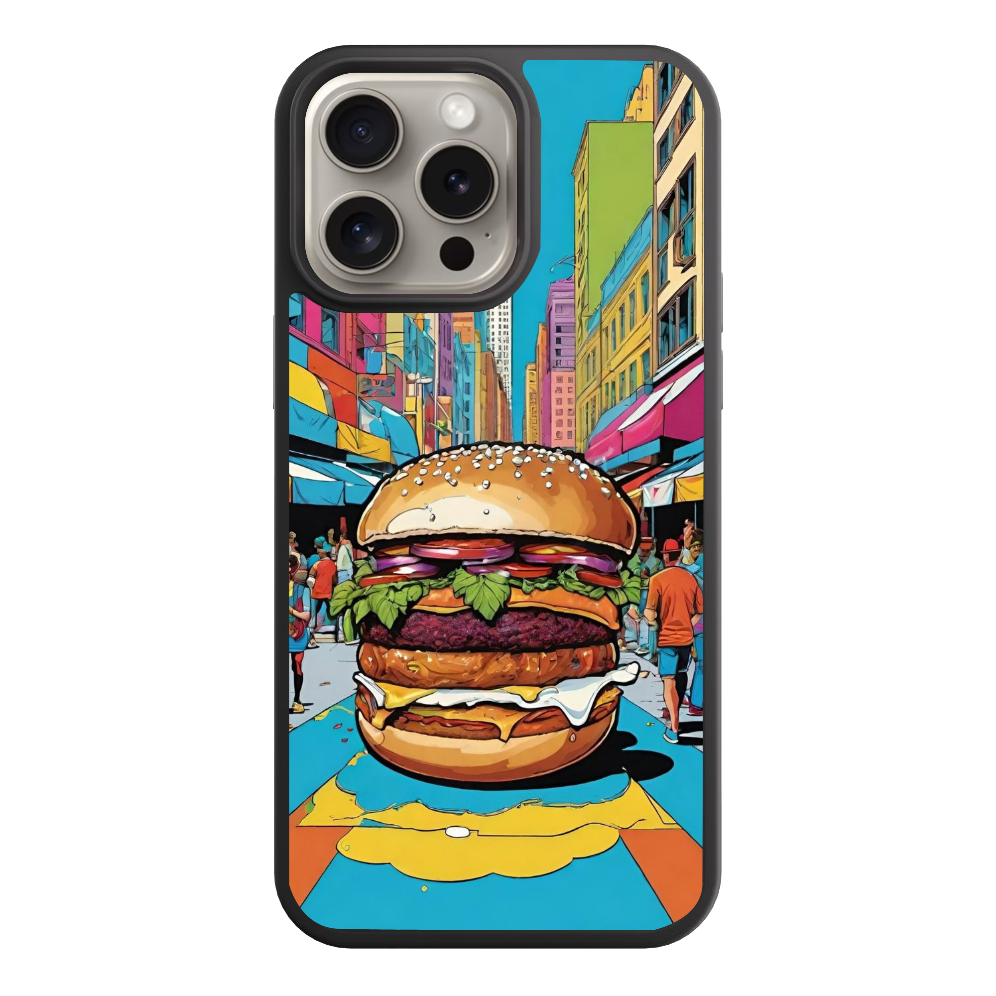 Burger Pattern Phone Case For iPhone Samsung Galaxy Pixel - Comic Style Giant Burger In New York City Street Painting