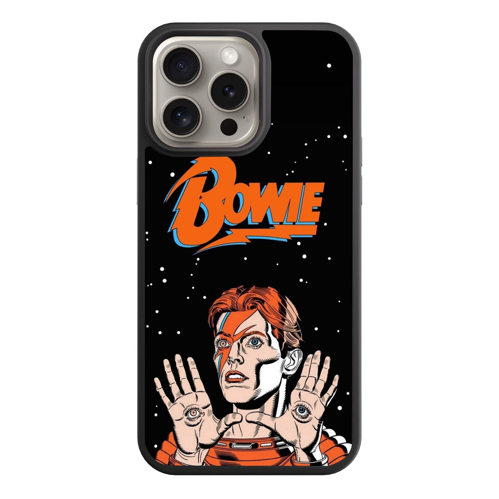 David Bowie Phone Case For iPhone Samsung Galaxy Pixel - David Bowie Comic Art Logo And Spaceman Illustration On Starry Black Background