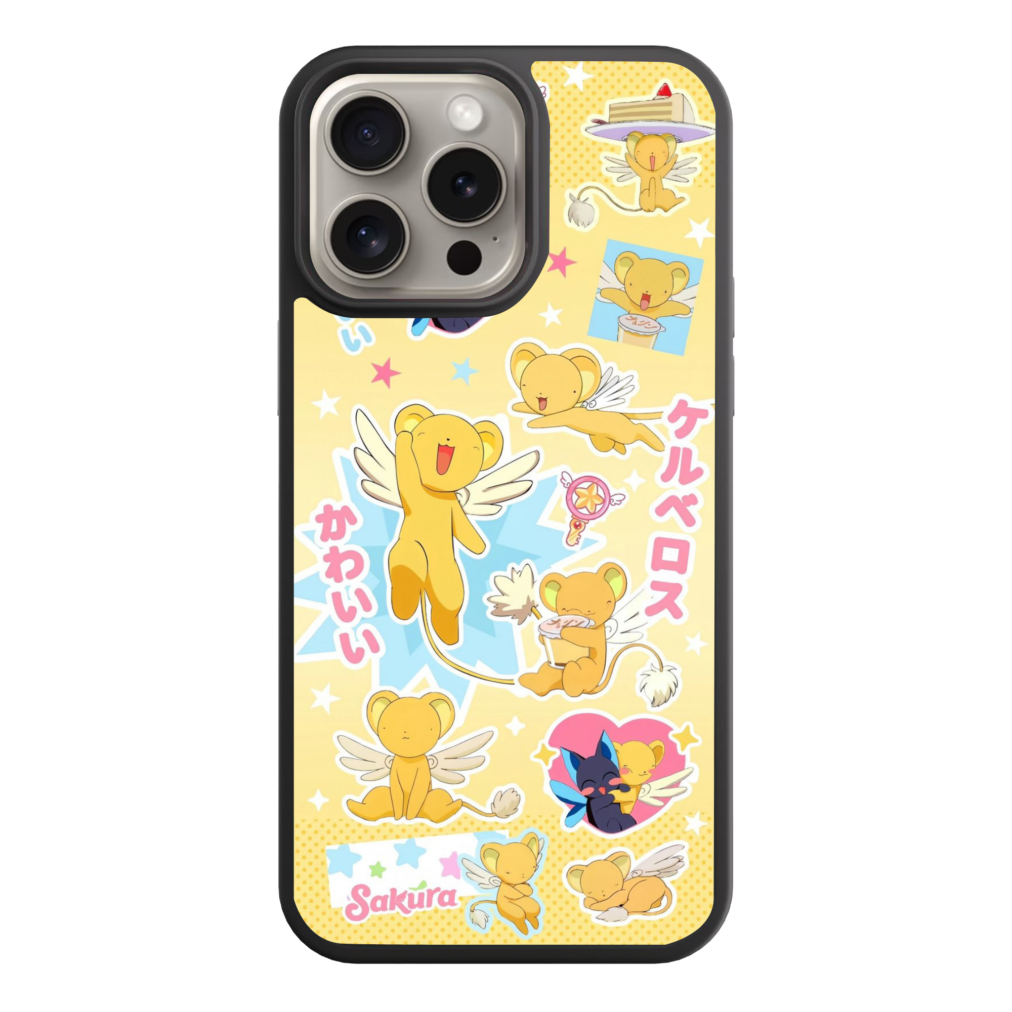 Cardcaptor Sakura Keroberos Phone Case For iPhone Samsung Galaxy Pixel - Keroberos Sticker Pattern On Yellow Dotted Background