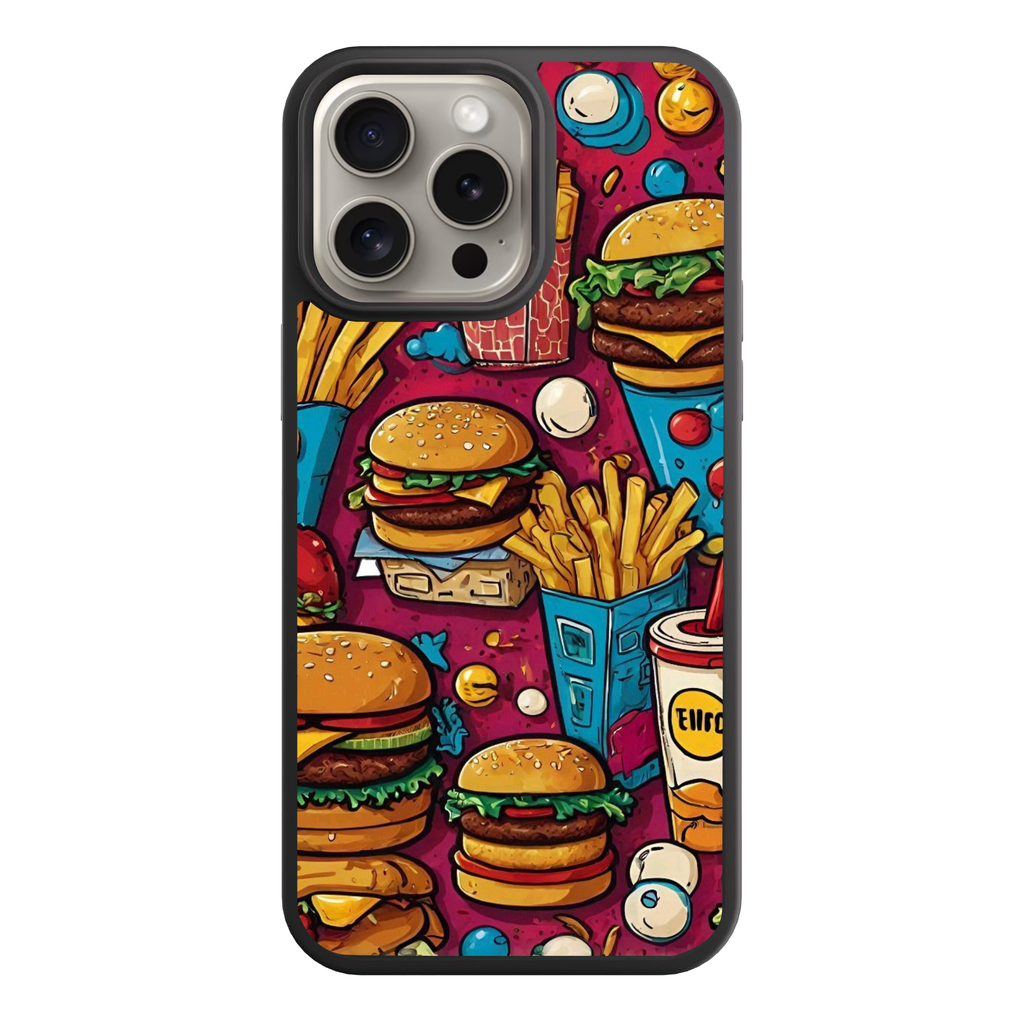 Burger And Fries Pattern Phone Case For iPhone Samsung Galaxy Pixel - Bold Graffiti Burger And Fries Pattern In Magenta Background