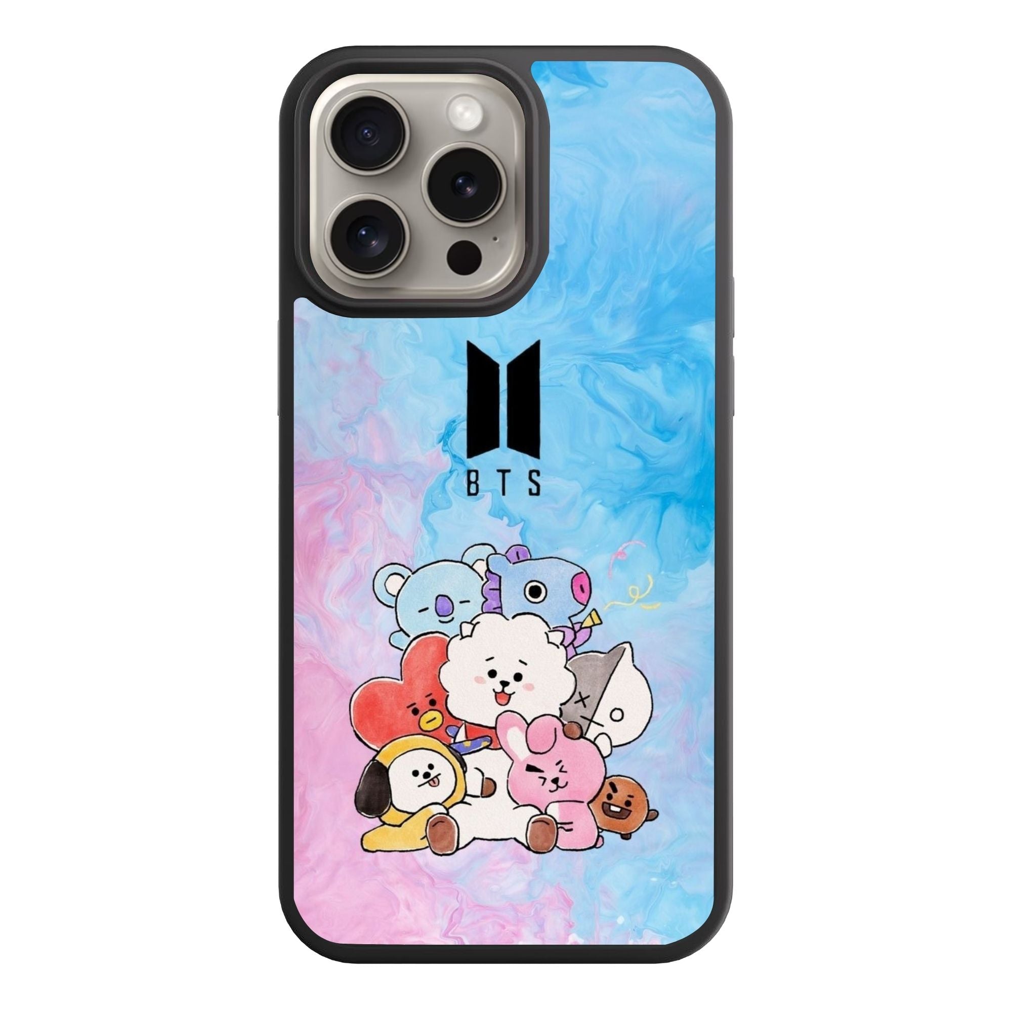 BTS Phone Case For iPhone Samsung Galaxy Pixel - BTS Logo And BT21 Characters On Blue Pink Fluid Art Background