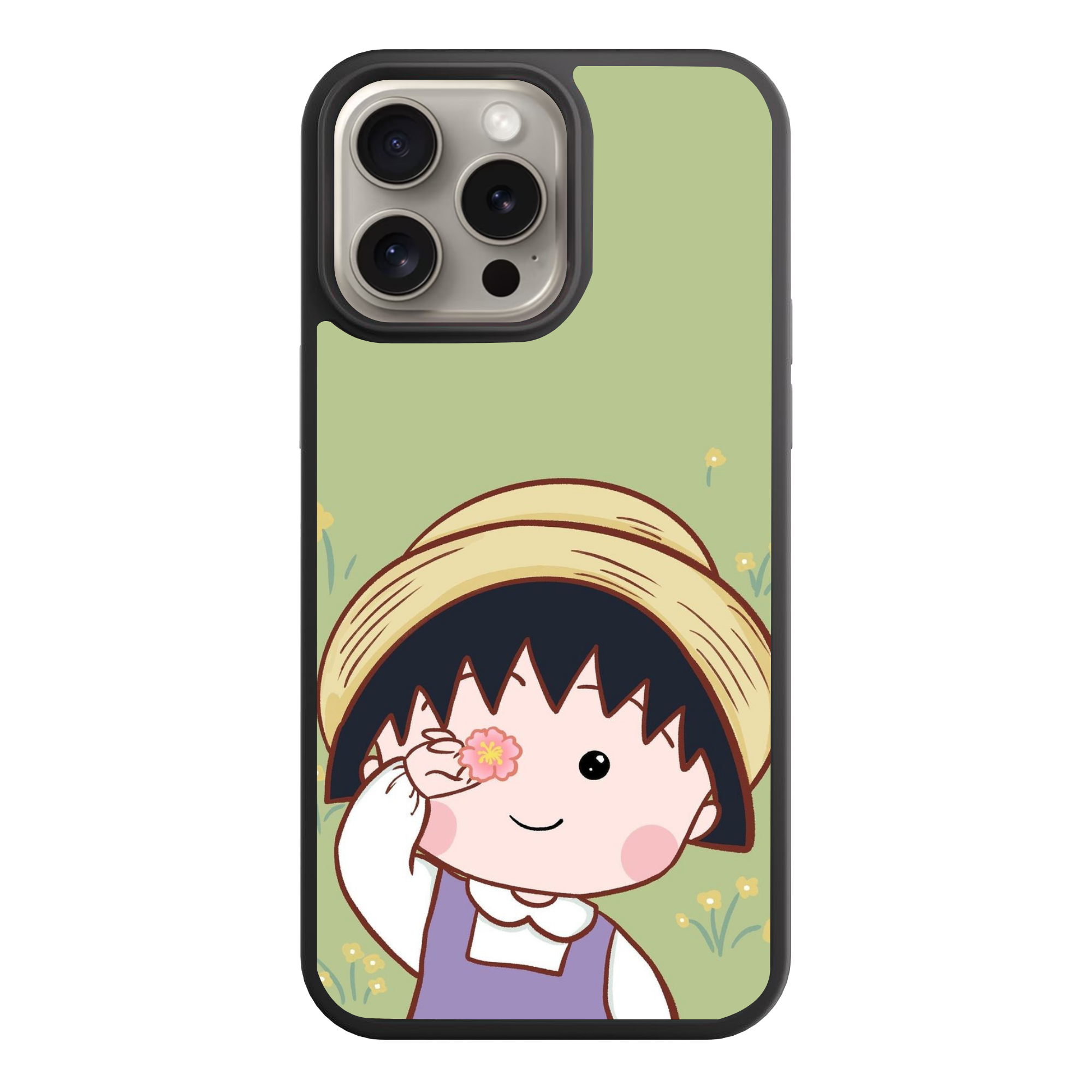Chibi Maruko Chan Phone Case For iPhone Samsung Galaxy Pixel - Chibi Maruko Chan Holding Pink Blossom On Matcha Green Background