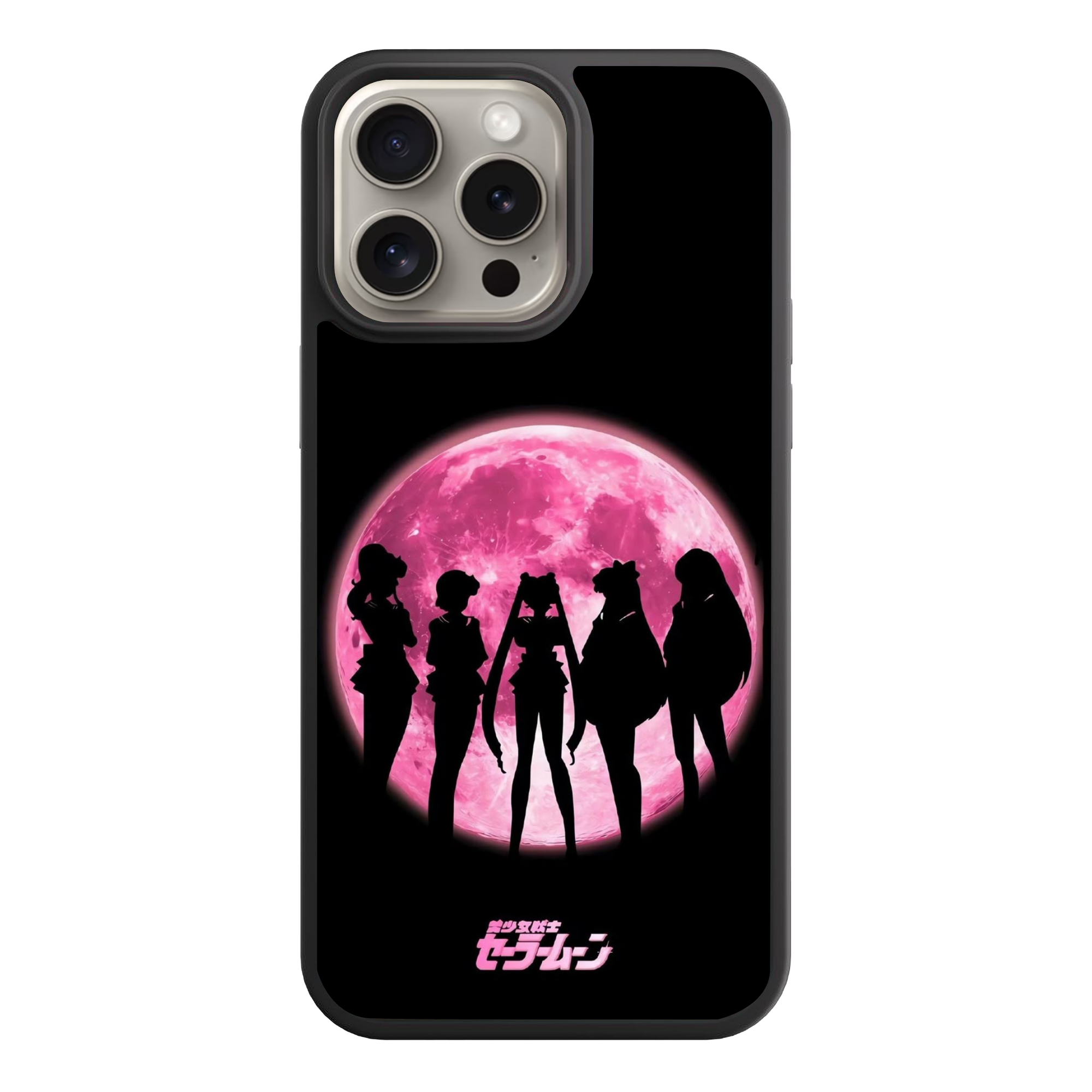 Sailor Moon Phone Case For iPhone Samsung Galaxy Pixel - Sailor Guardian Silhouettes On Pink Moon And Black Background