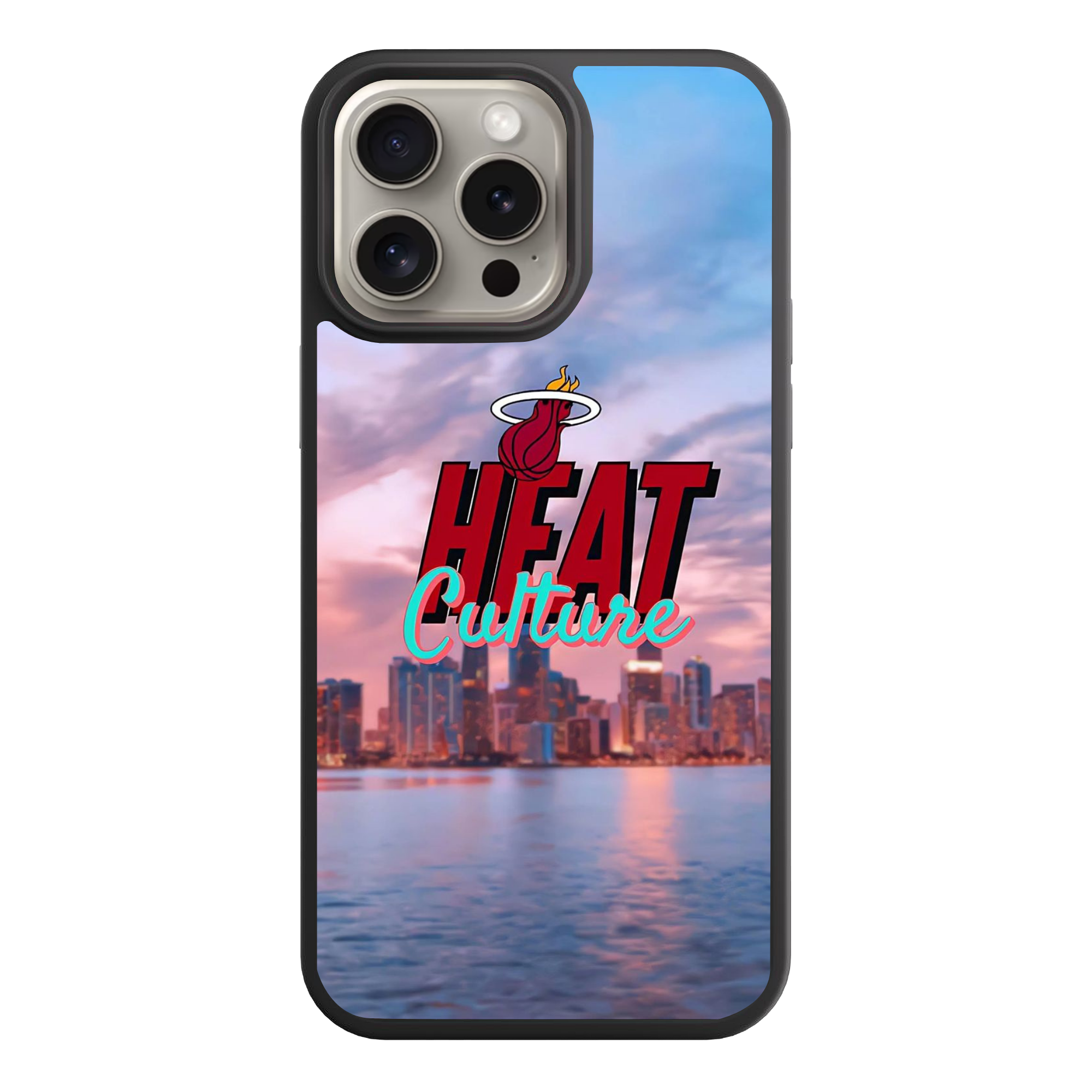 NBA Miami Heat Phone Case For iPhone Samsung Galaxy Pixel - Miami Heat Logo Over Miami Skyline Background