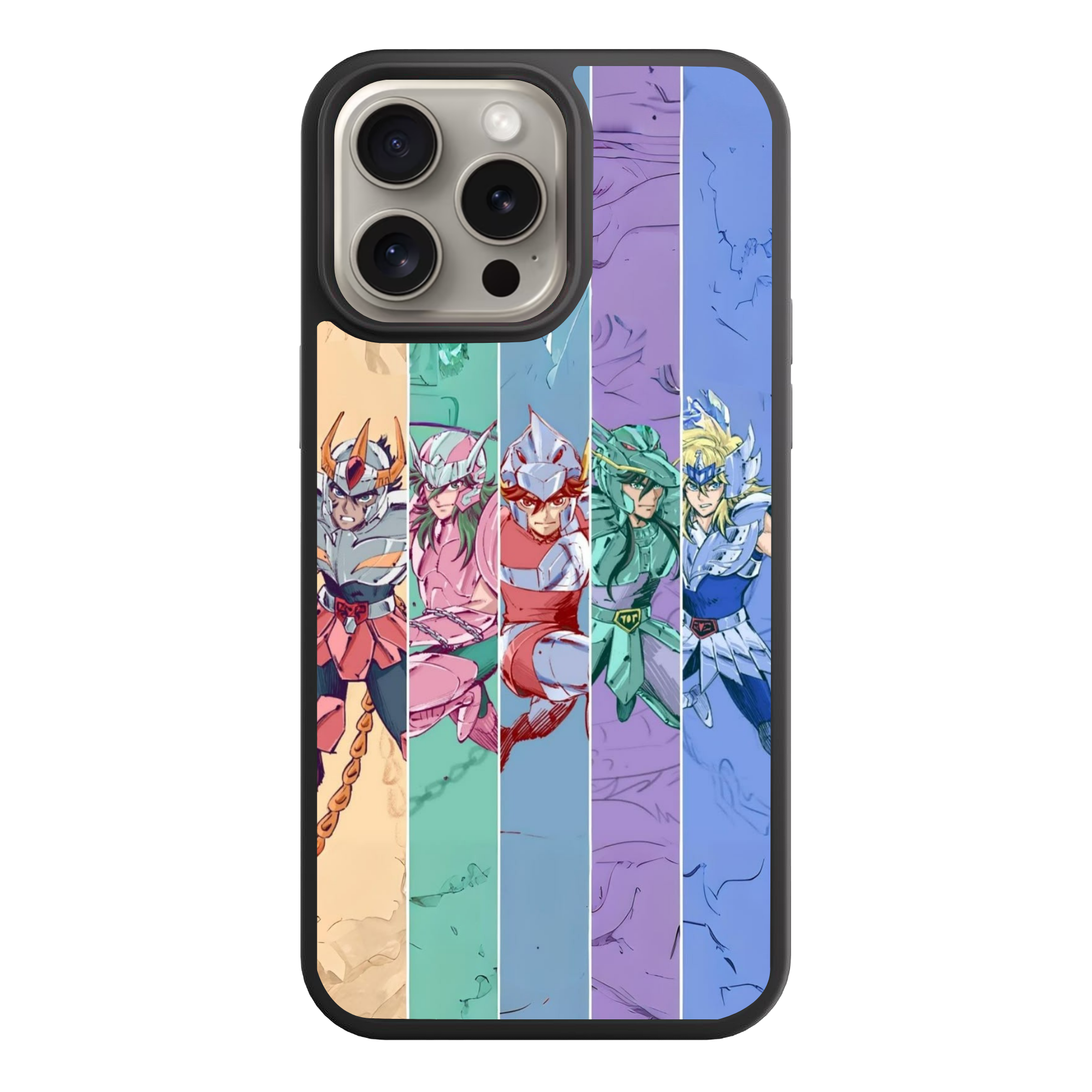 Saint Seiya Knights Of The Zodiac Phone Case For iPhone Samsung Galaxy Pixel - Saint Seiya Bronze Saints Vertical Panel Illustrations On Multicolored Background