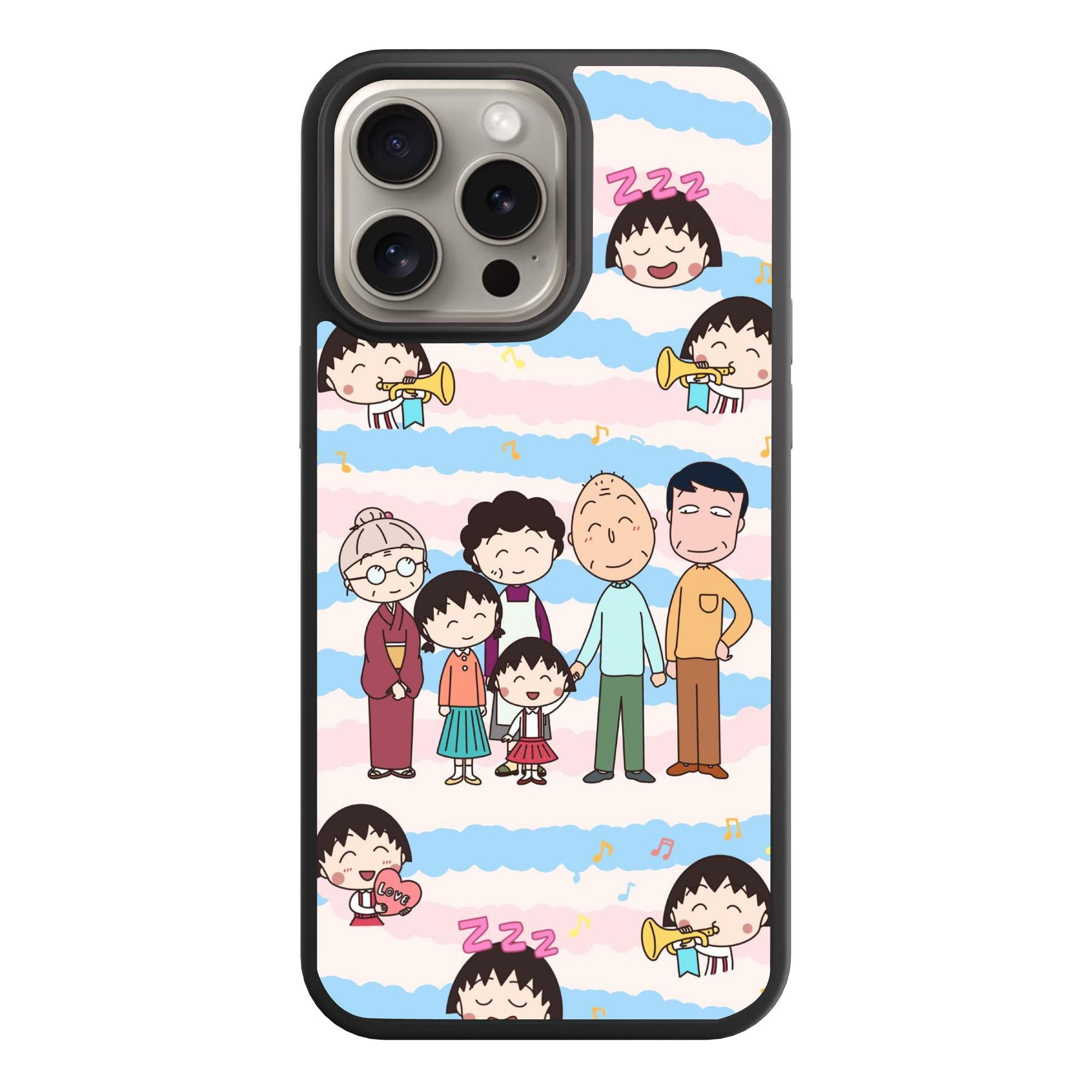 Chibi Maruko Chan Phone Case For iPhone Samsung Galaxy Pixel - Chibi Maruko Chan Full Family Portrait On Blue And Pink Striped Background