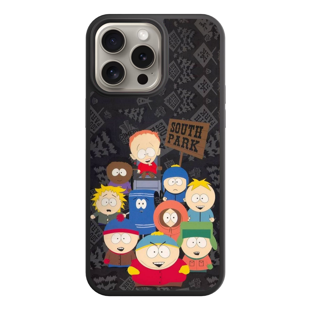 South Park Phone Case For iPhone Samsung Galaxy Pixel - South Park Characters On Charcoal Gray Monogram Pattern Background