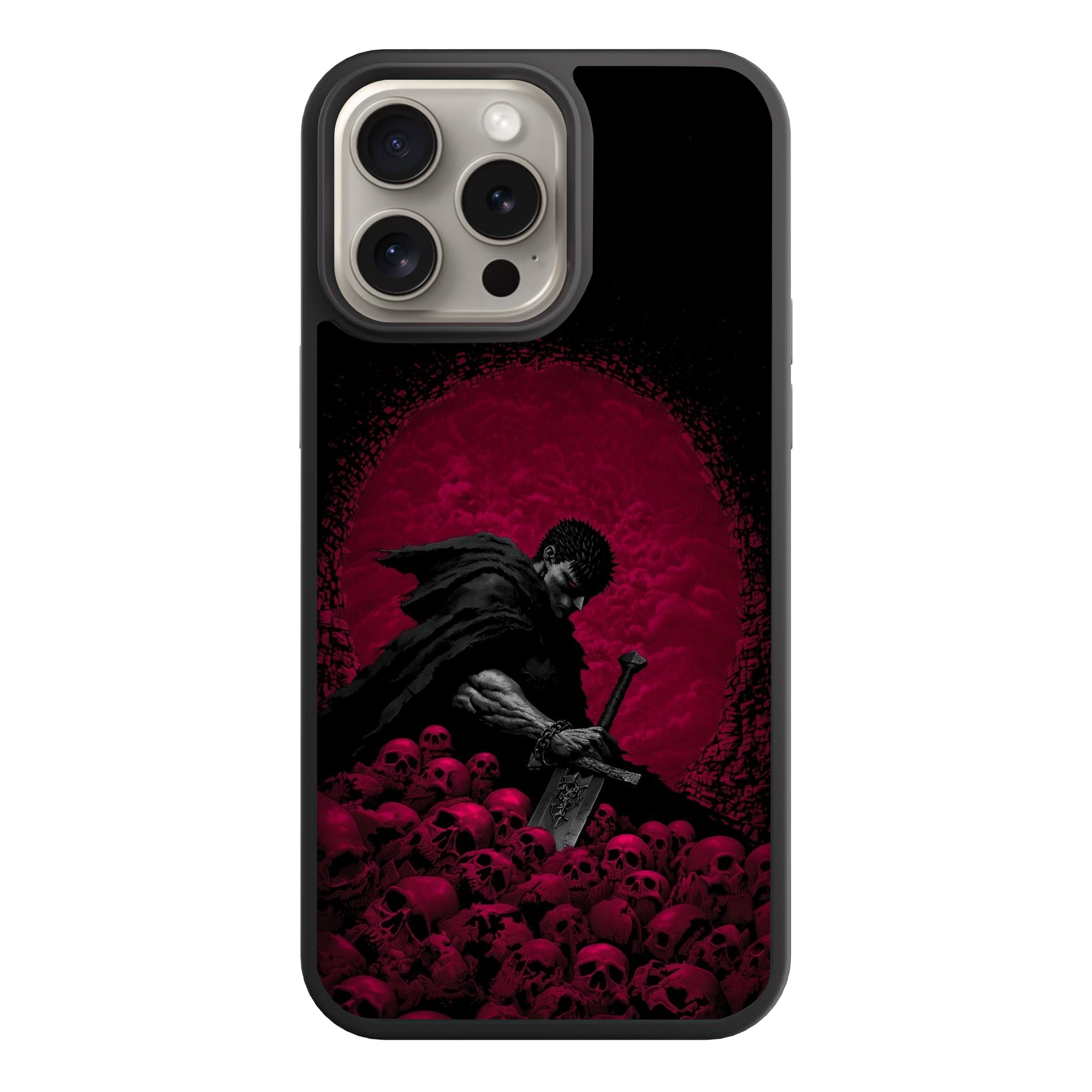 Berserk Guts Phone Case For iPhone Samsung Galaxy Pixel - Guts Resting On Pile Of Skulls Under Blood Moon Sky Background