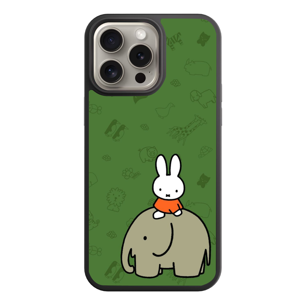 Miffy Phone Case For iPhone Samsung Galaxy Pixel - Miffy Riding Elephant With Animal Sketches Pattern In Green Background