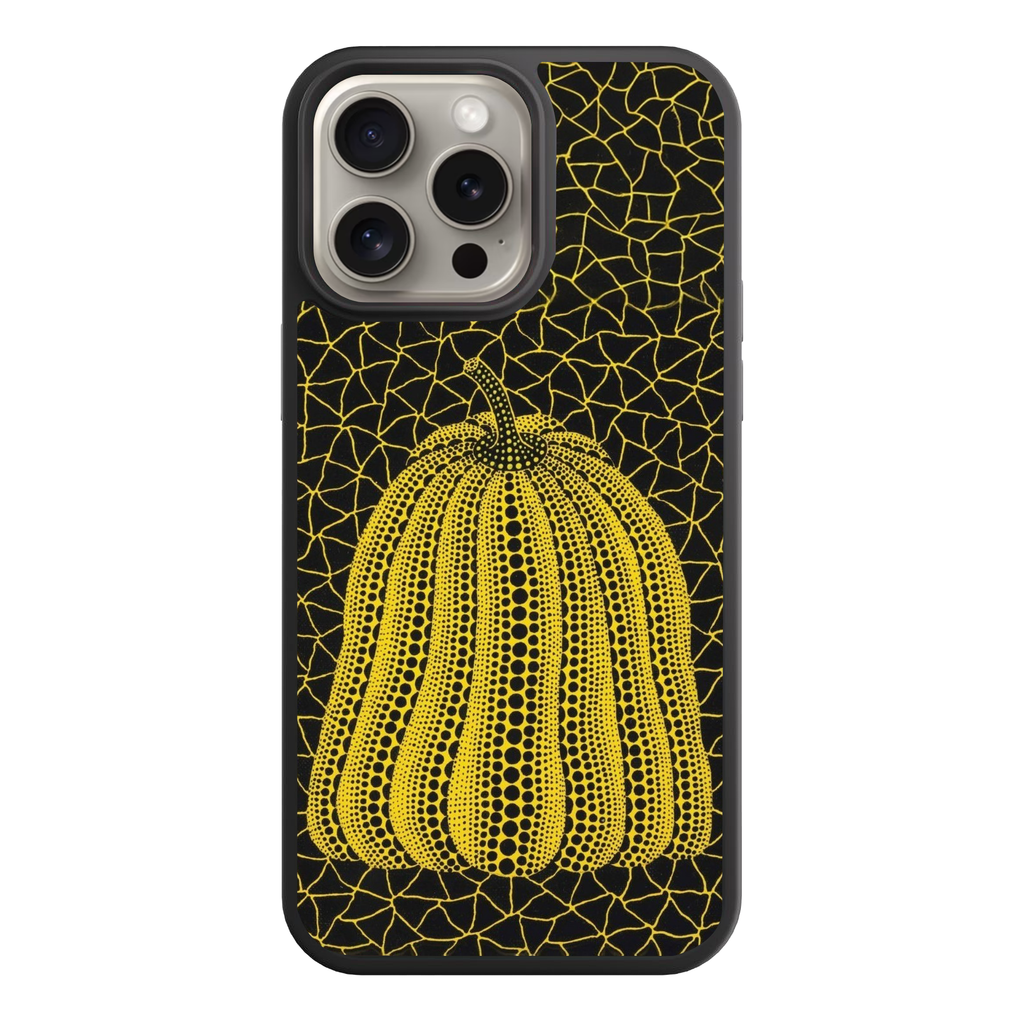 Yayoi Kusama Phone Case For iPhone Samsung Galaxy Pixel - Yellow Pumpkin With Black Polka Dots On Black Crackle Background