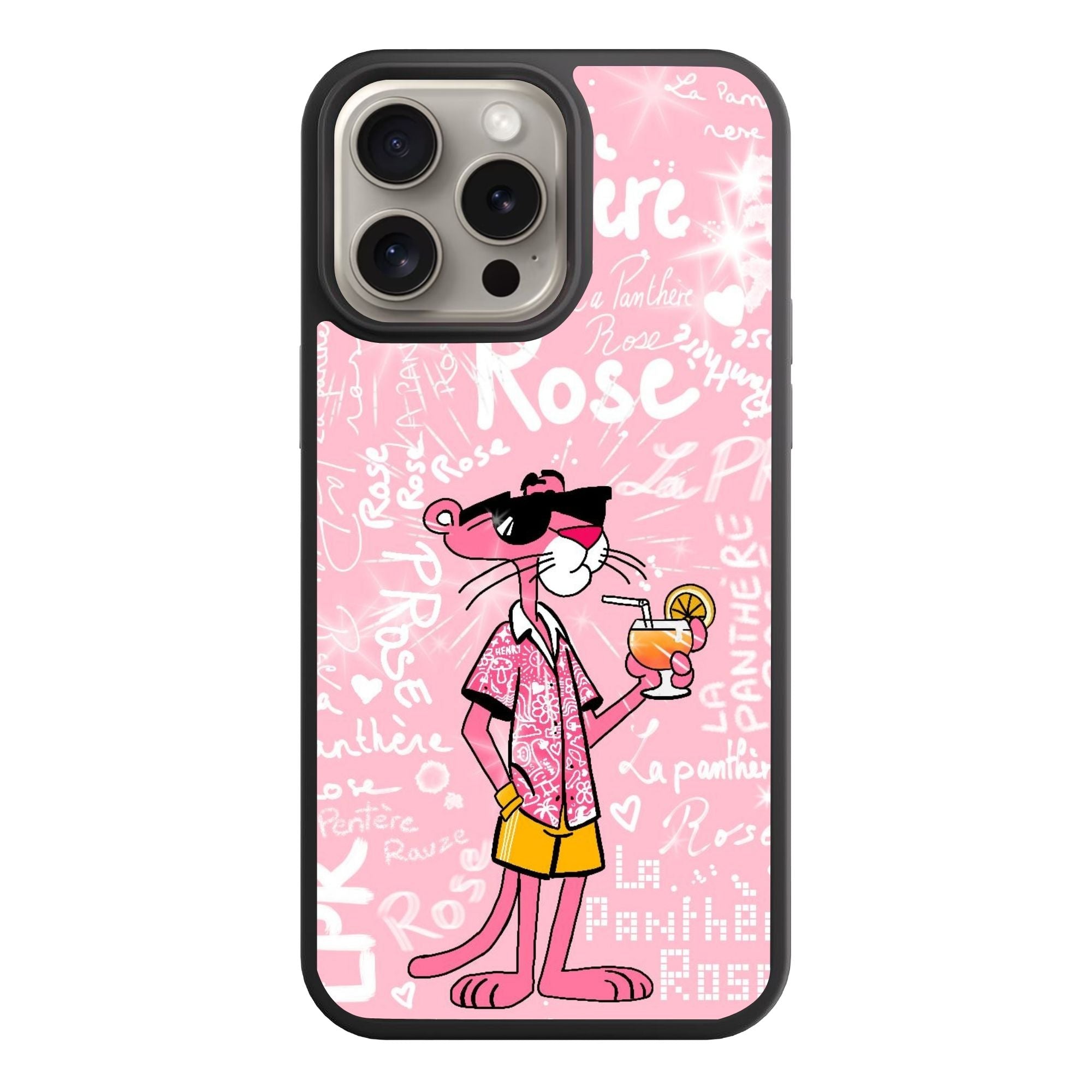 Pink Panther Phone Case For iPhone Samsung Galaxy Pixel - Pink Panther In Hawaiian Shirt With Cocktail And Graffiti Text In Pink Background