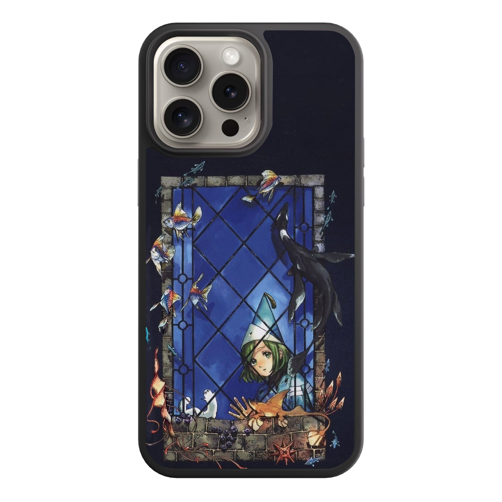 Witch Hat Atelier Coco Phone Case For iPhone Samsung Galaxy Pixel - Coco Peeking Through Window At Swimming Sea Creatures On Black Background