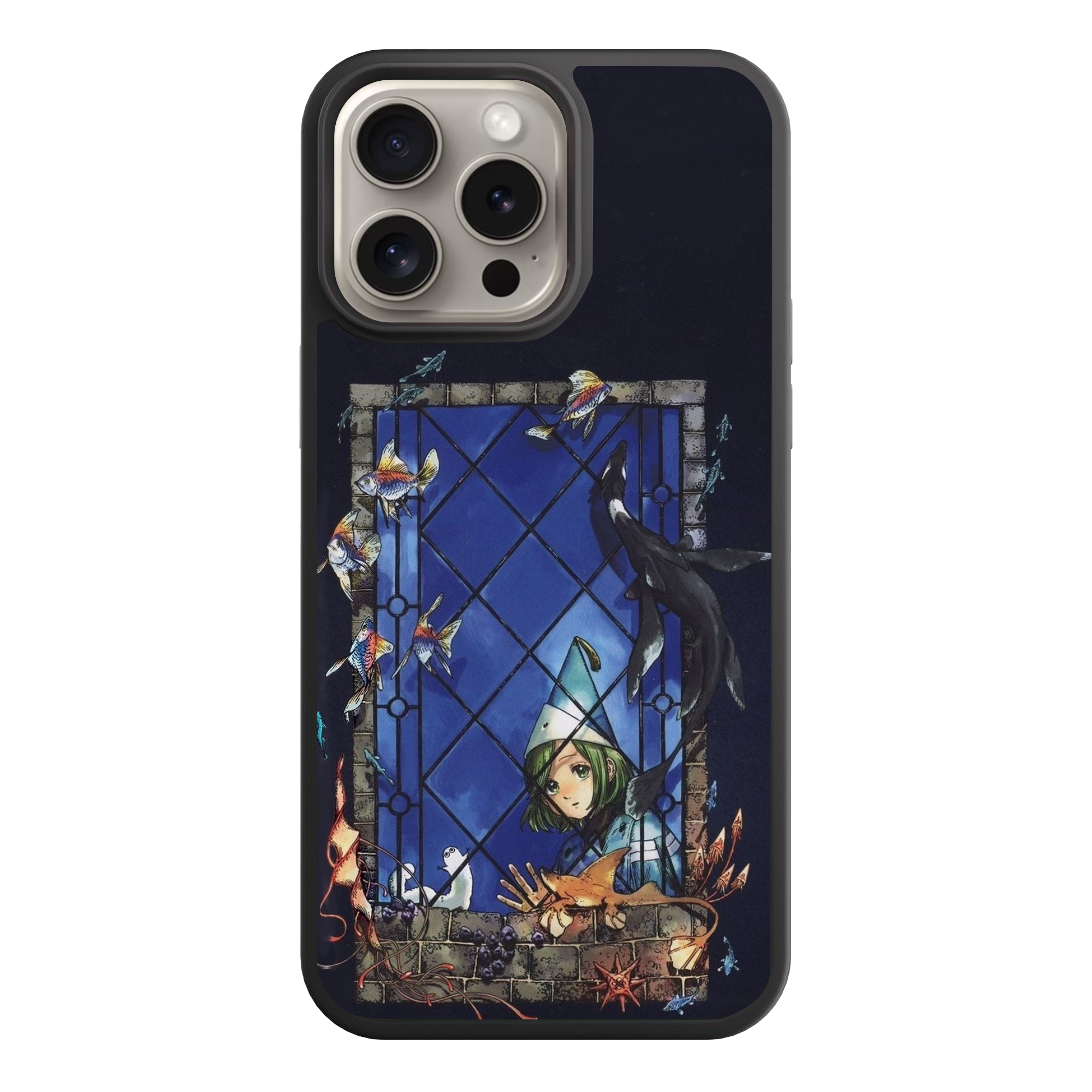Witch Hat Atelier Coco Phone Case For iPhone Samsung Galaxy Pixel - Coco Peeking Through Window At Swimming Sea Creatures On Black Background