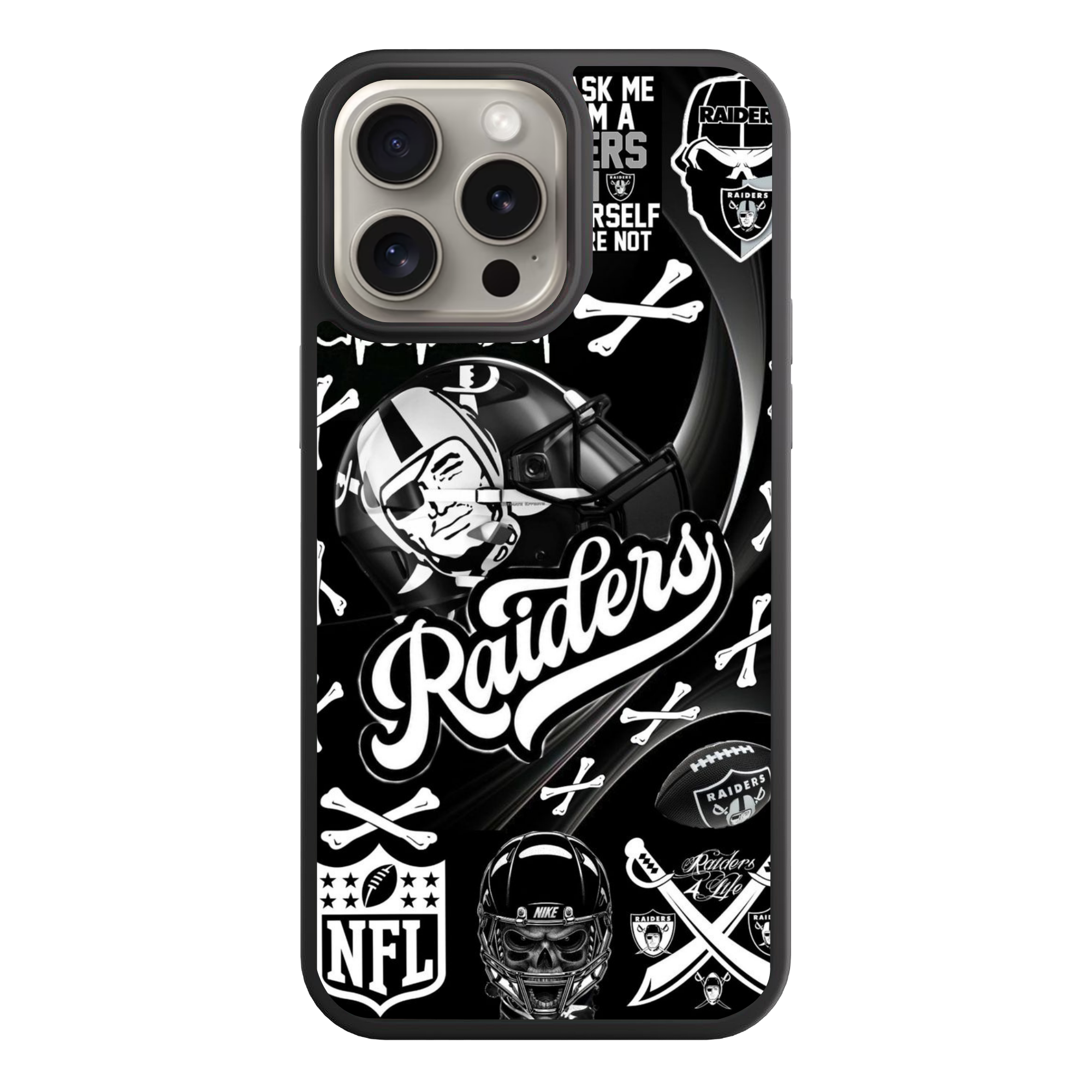 NFL Las Vegas Raiders Phone Case For iPhone Samsung Galaxy Pixel - Las Vegas Raiders Logos And Skull Helmet Pattern On Black Background