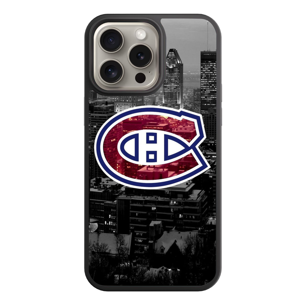 NHL Montreal Canadiens Phone Case For iPhone Samsung Galaxy Pixel - Montreal Canadiens Logo On Black And White City Skyline Background