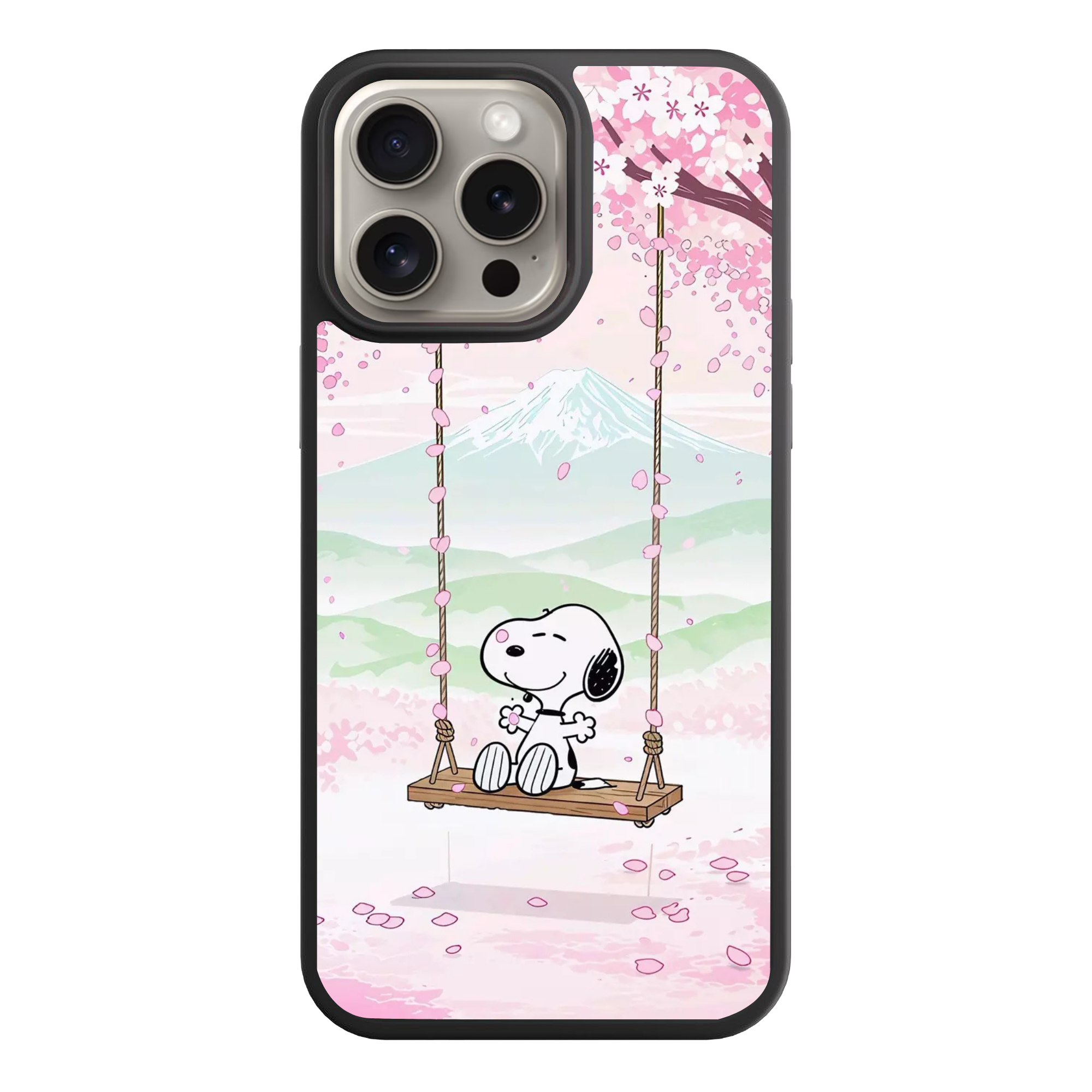 Peanuts Snoopy Phone Case For iPhone Samsung Galaxy Pixel - Peanuts Snoopy Sitting On A Swing Under Pink Cherry Blossoms With Mount Fuji Background