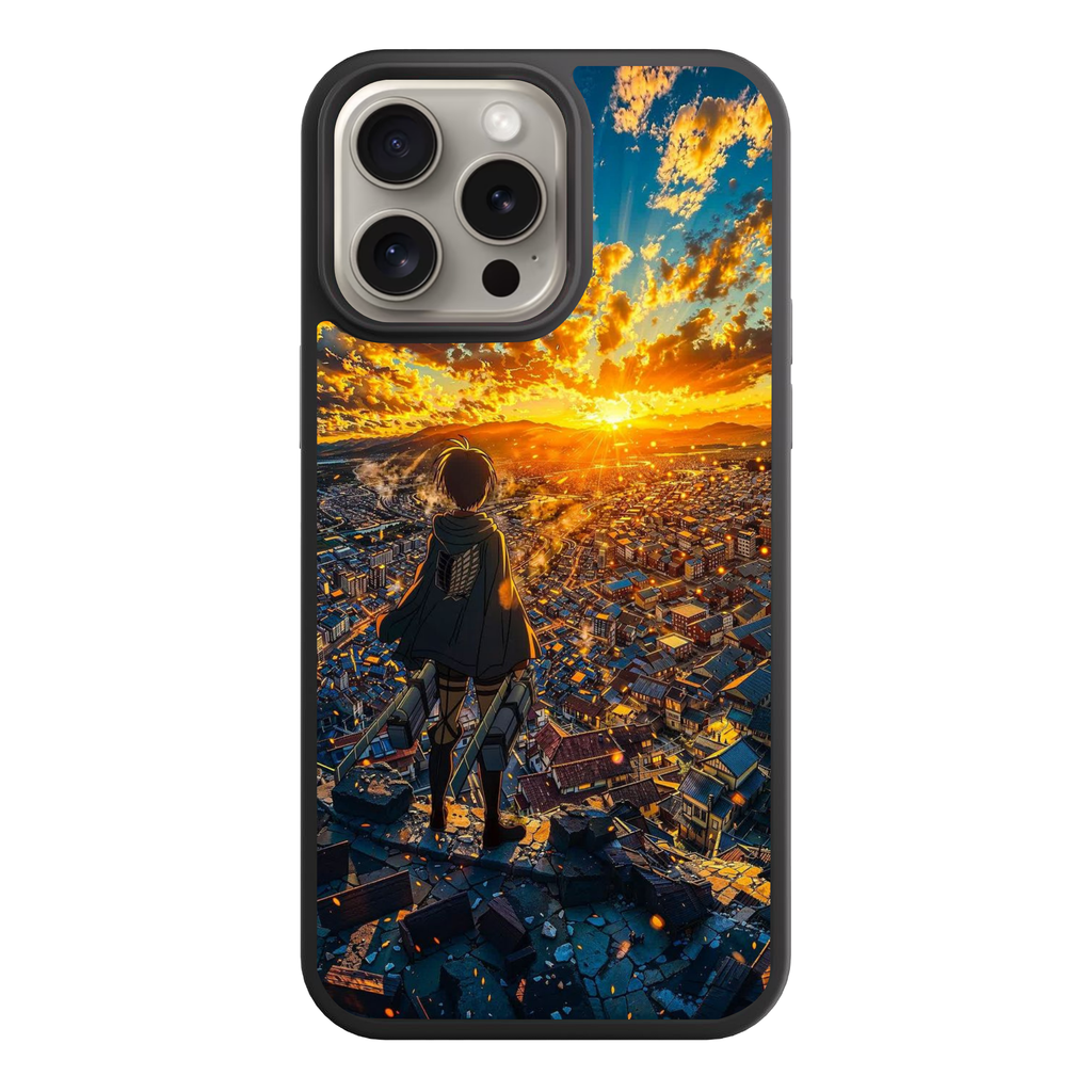Attack on Titan Eren Phone Case For iPhone Samsung Galaxy Pixel - Eren Yeager Overlooking City At Sunset Background