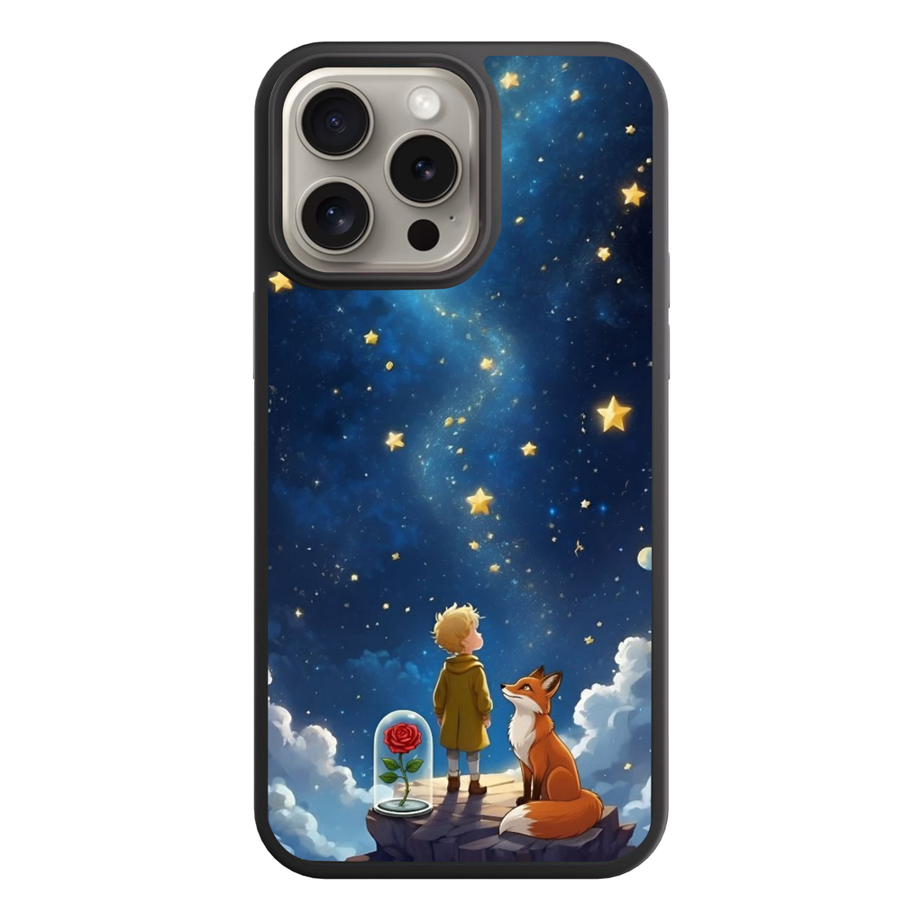 The Little Prince Phone Case For iPhone Samsung Galaxy Pixel - The Little Prince With Fox And Glass Dome Rose Looking Up At Golden Northern Star On Starry Night Background