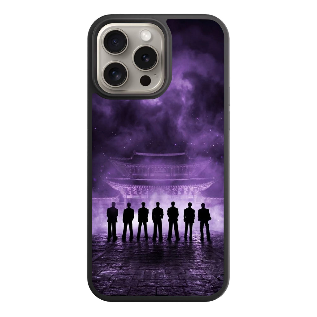 BTS Phone Case For iPhone Samsung Galaxy Pixel - BTS Silhouette In Front Of Korean Palace On Purple Smokey Background