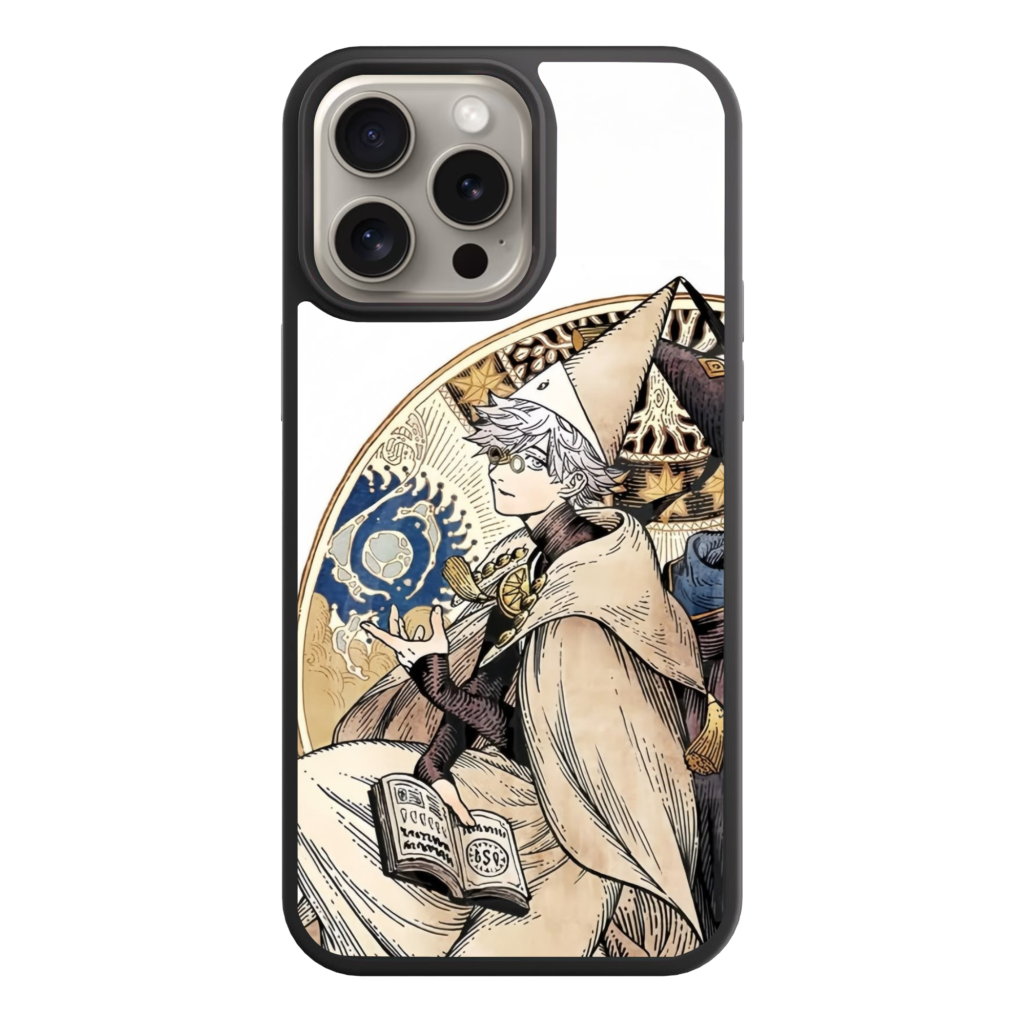 Witch Hat Atelier Qifrey Phone Case For iPhone Samsung Galaxy Pixel - Qifrey Holding Spell Book In Front Of Intricate Circular Frame On White Background