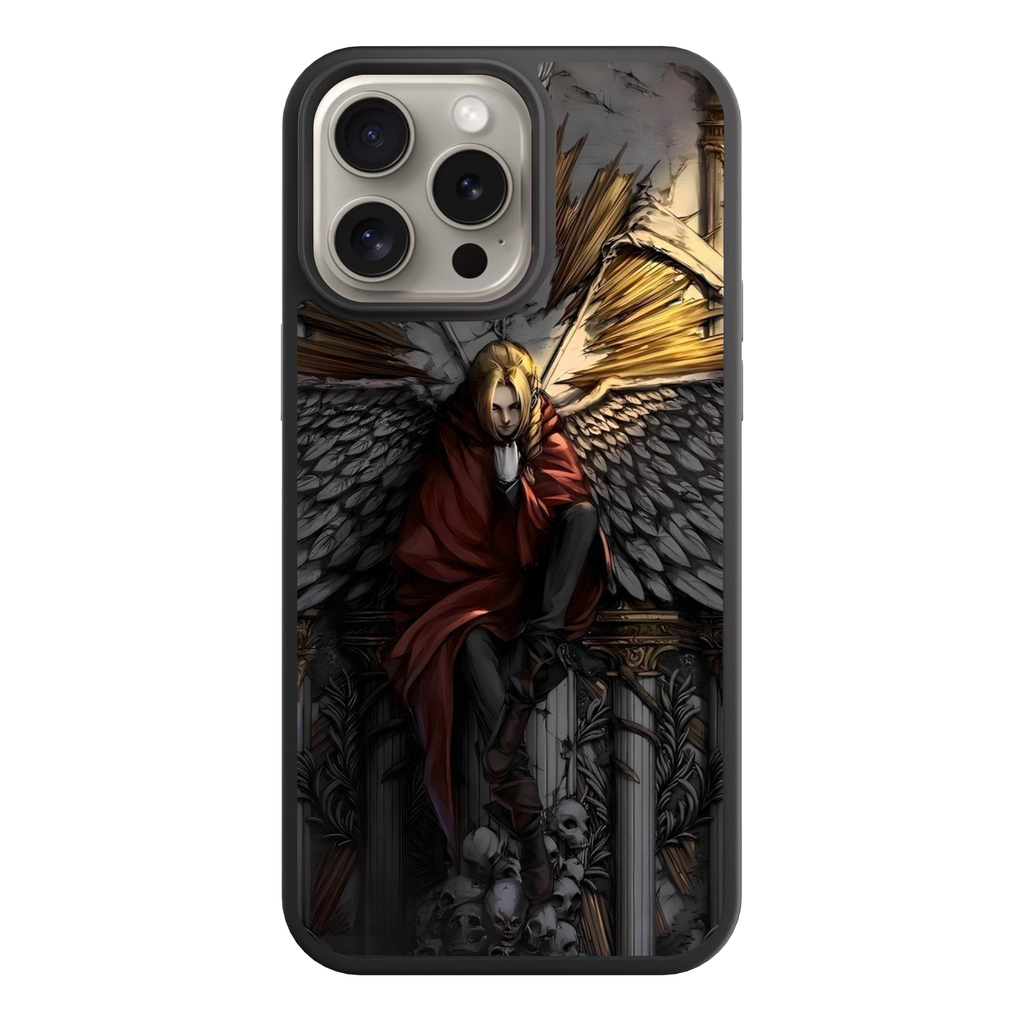 Fullmetal Alchemist Edward Phone Case For iPhone Samsung Galaxy Pixel - Edward Elric Sitting On Throne Of Skulls With Large Wings On Stone Background