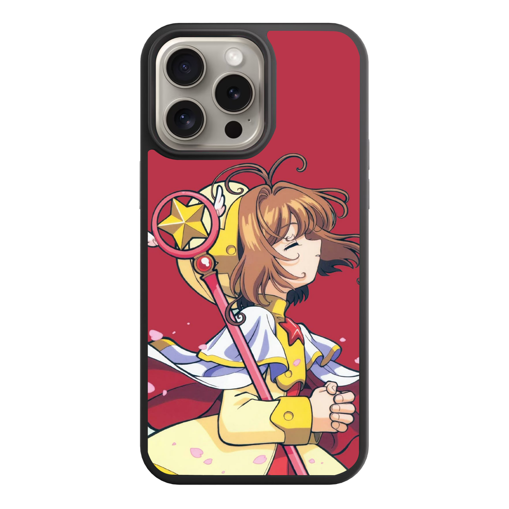 Cardcaptor Sakura Phone Case For iPhone Samsung Galaxy Pixel - Sakura Kinomoto Holding Her Sealing Wand On Red Background
