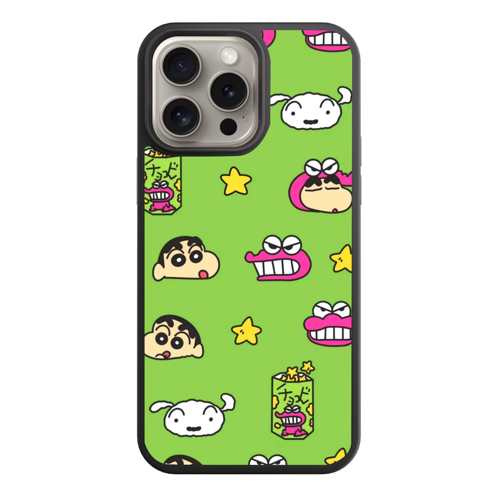 Crayon Shin Chan Phone Case For iPhone Samsung Galaxy Pixel - Crayon Shin Chan Faces And Chocobi Snacks Pattern On Lime Green Background